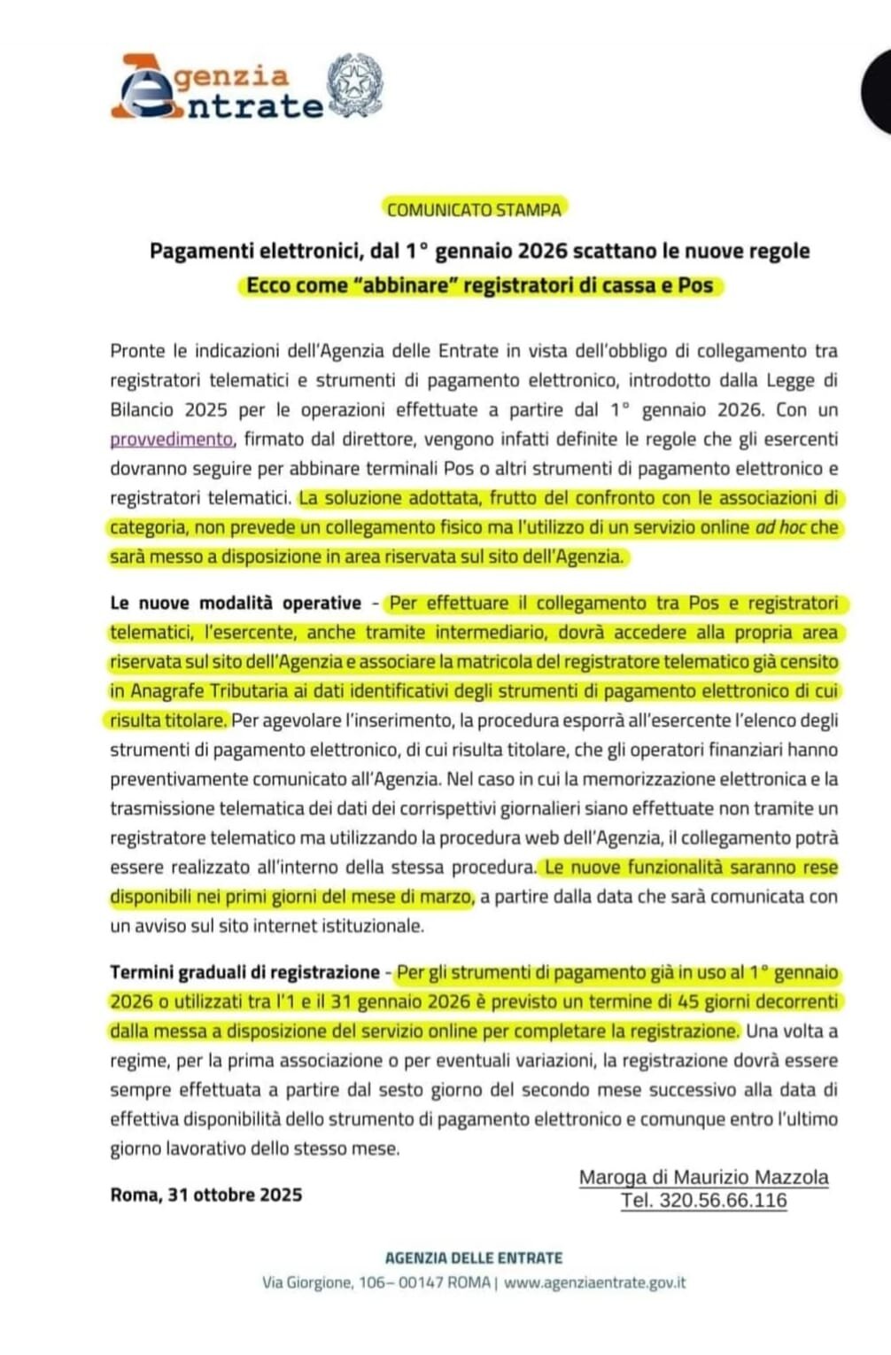 Novità dal 1° gennaio 2026 Dal 1° gennaio 2026 è obbligatorio il collegamento digitale tra RT e POS (o altri terminali di pagamento elettronico). Novità dal 1° gennaio 2026 Dal 1° gennaio 2026 è obbligatorio il collegamento digitale tra RT e POS (o altri terminali di pagamento elettronico).