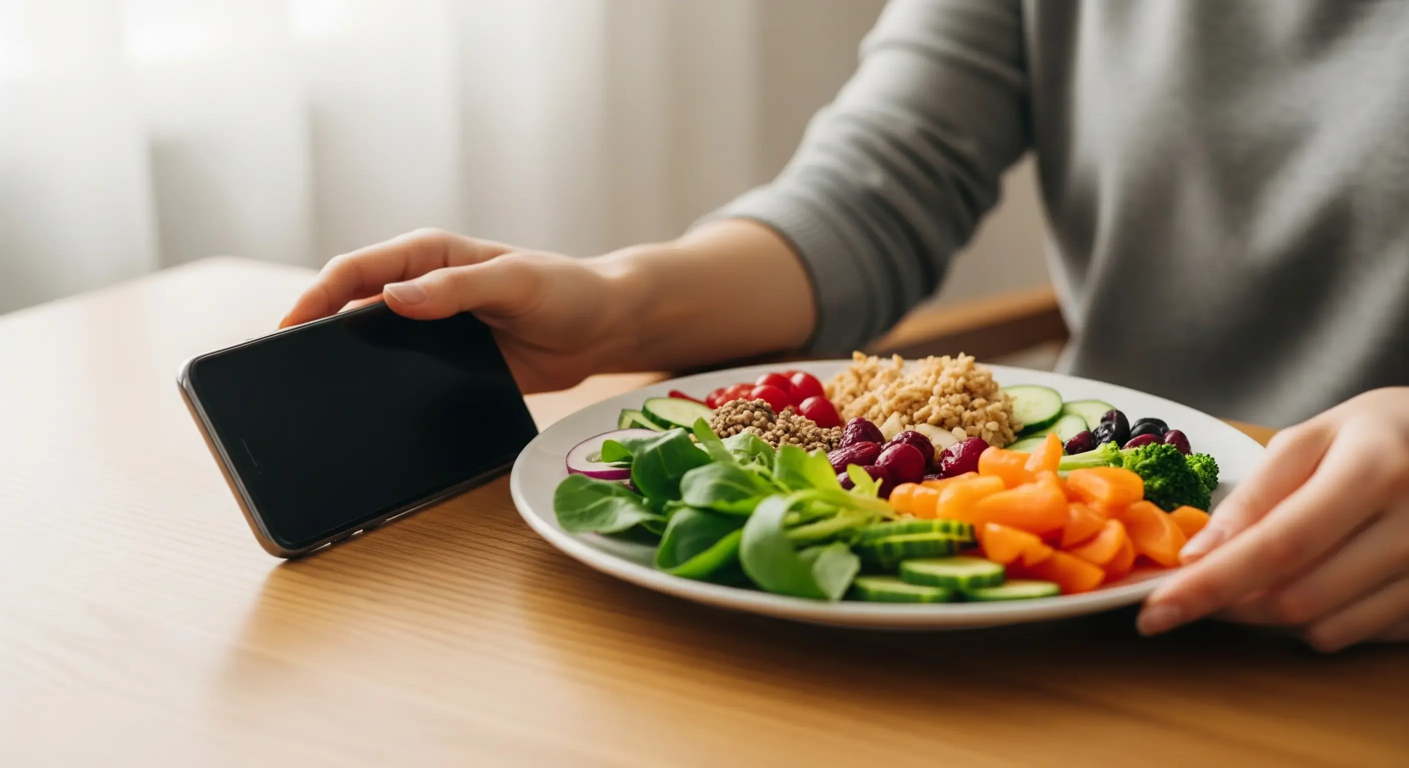 Persona che elimina le distrazioni mettendo via lo smartphone per concentrarsi sul suo pasto, una pratica di alimentazione consapevole.