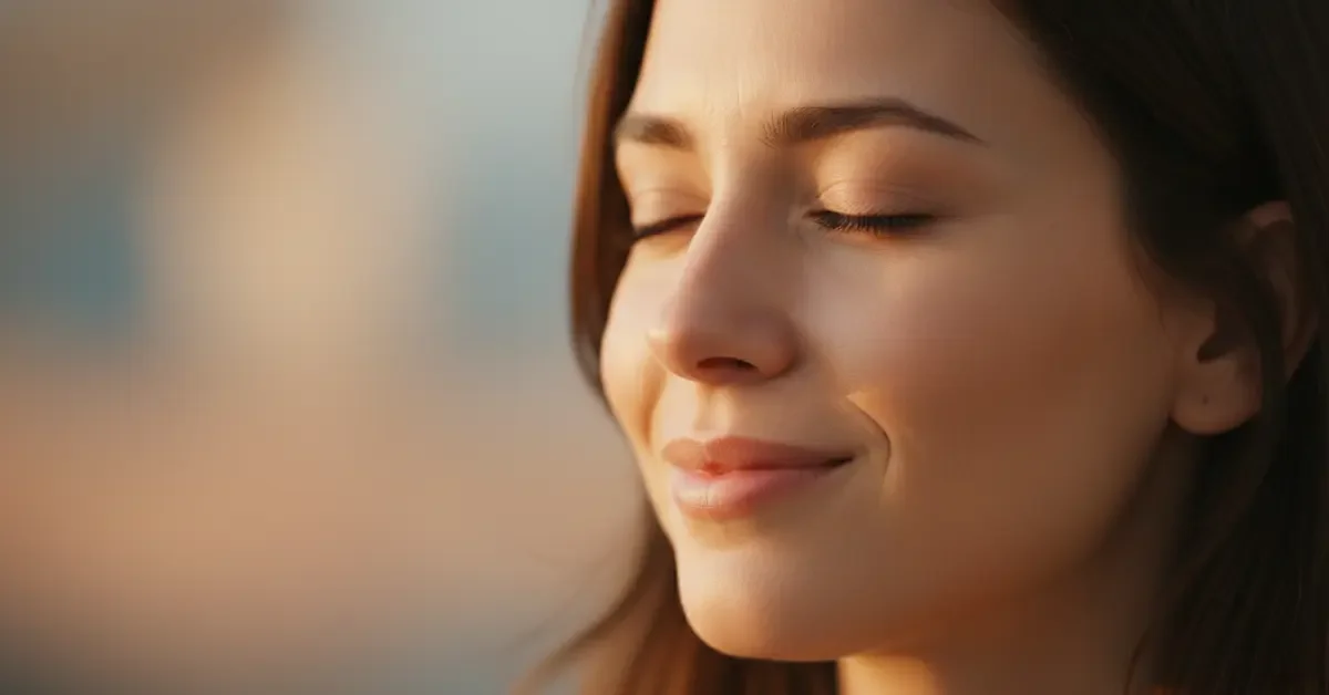 004-281025-©2025-sanusvictu.webp Primo piano di una donna con un'espressione serena e un sorriso pacifico, con gli occhi chiusi e illuminata da una luce calda, a indicare un umore stabile e il benessere emotivo.