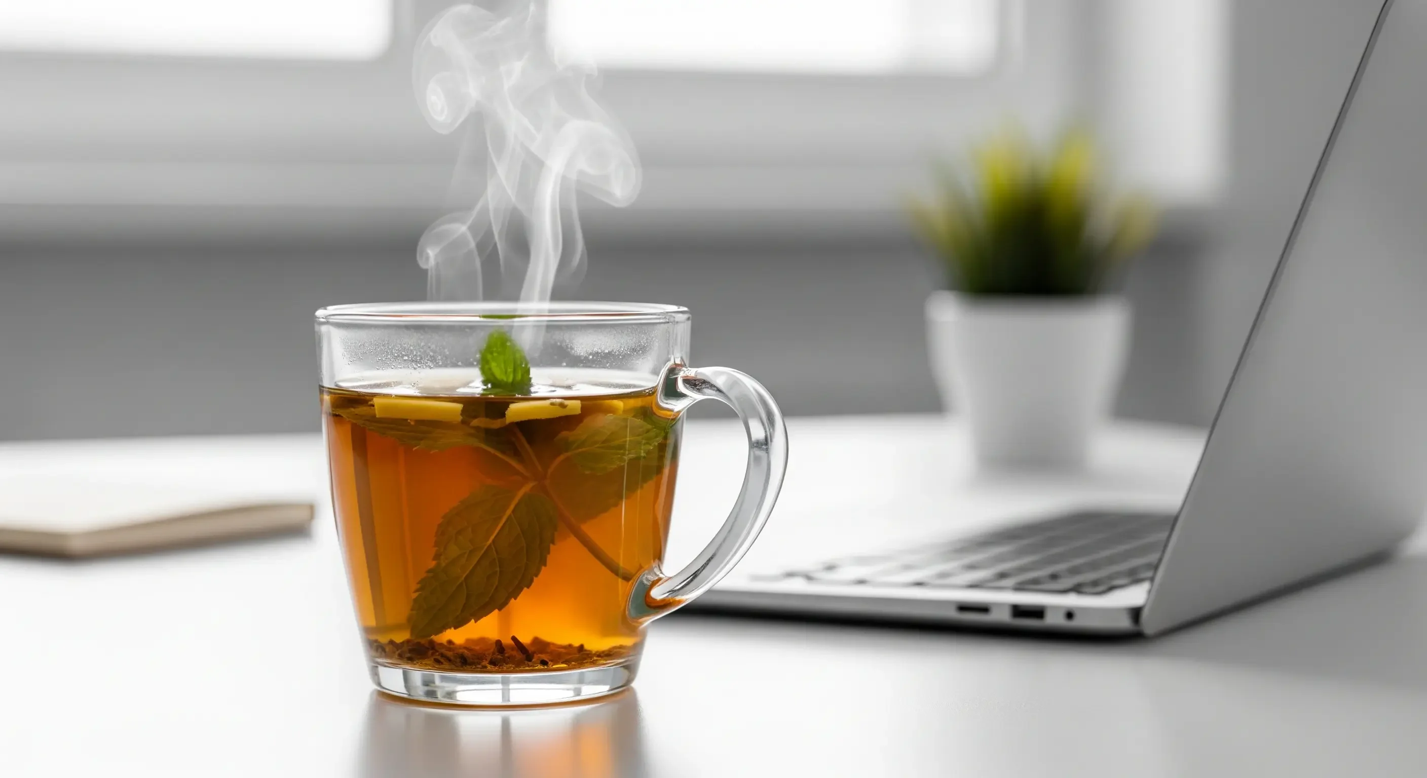 mindful-tea-break-at-work-©2025-sanusvictu.webp Tazza di tisana alla menta fumante su una scrivania, bevanda per ritrovare la concentrazione a metà giornata.