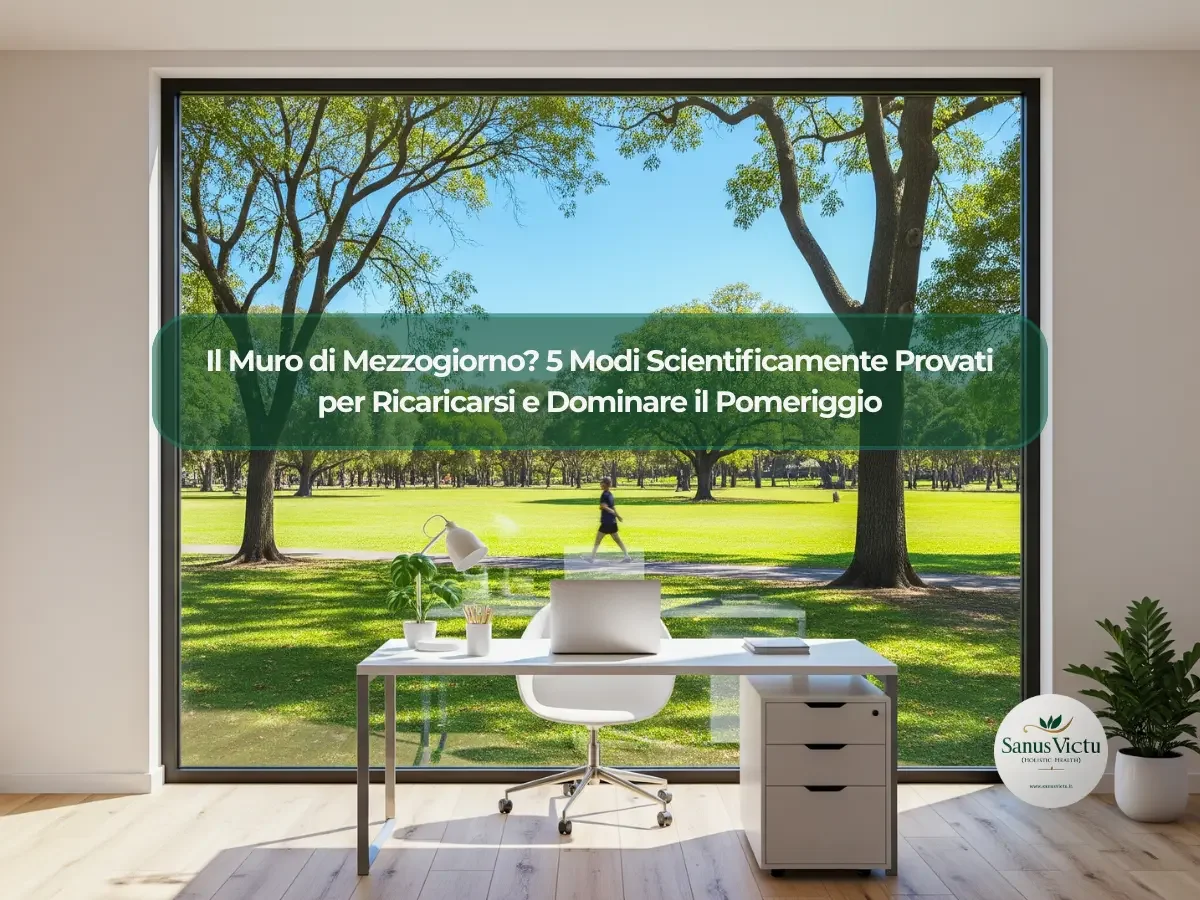 Ufficio con vista su un parco soleggiato, simbolo di una pausa pranzo per ricaricarsi a mezzogiorno.