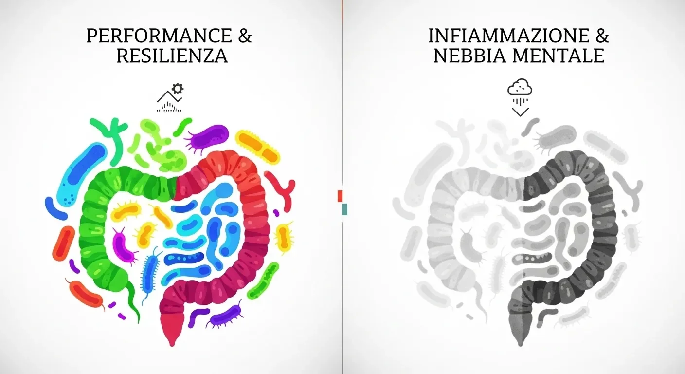 immagine_2.webp Infografica che mostra la differenza tra un microbiota intestinale sano, per performance e resilienza, e uno in disbiosi che causa infiammazione e nebbia mentale.