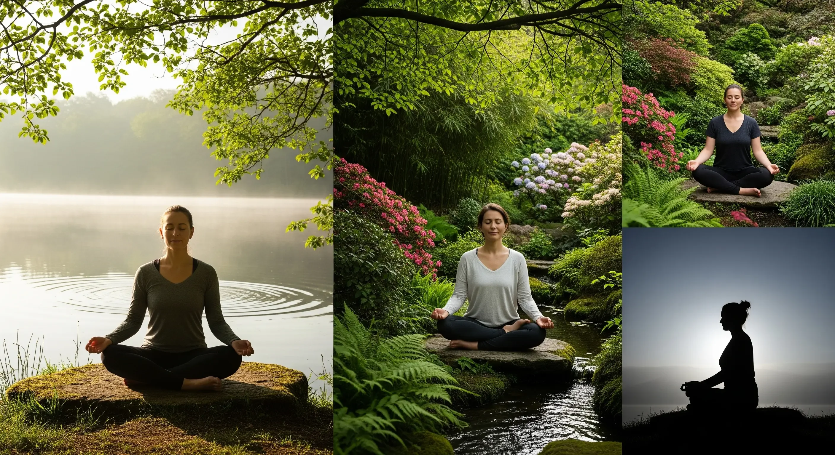 Collage di immagini di persone che meditano in ambienti naturali tranquilli, come un lago o un giardino, enfatizzando la pace interiore e la riduzione dello stress attraverso la mindfulness per aumentare l'energia.