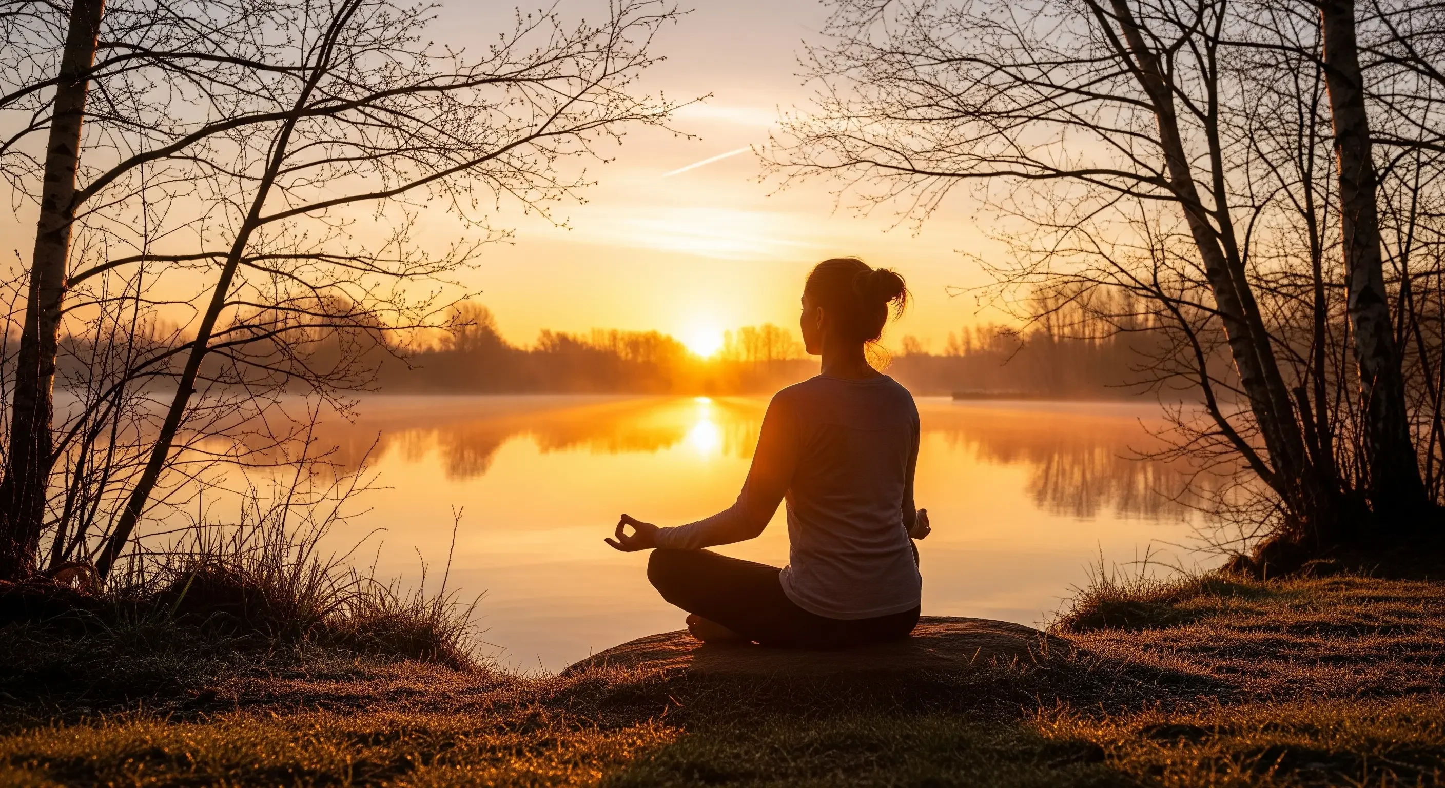 Donna in meditazione in posizione del loto su una roccia in riva a un lago al tramonto/alba, con il sole che si riflette sull'acqua, simbolo di consapevolezza, pace interiore e connessione con la natura.