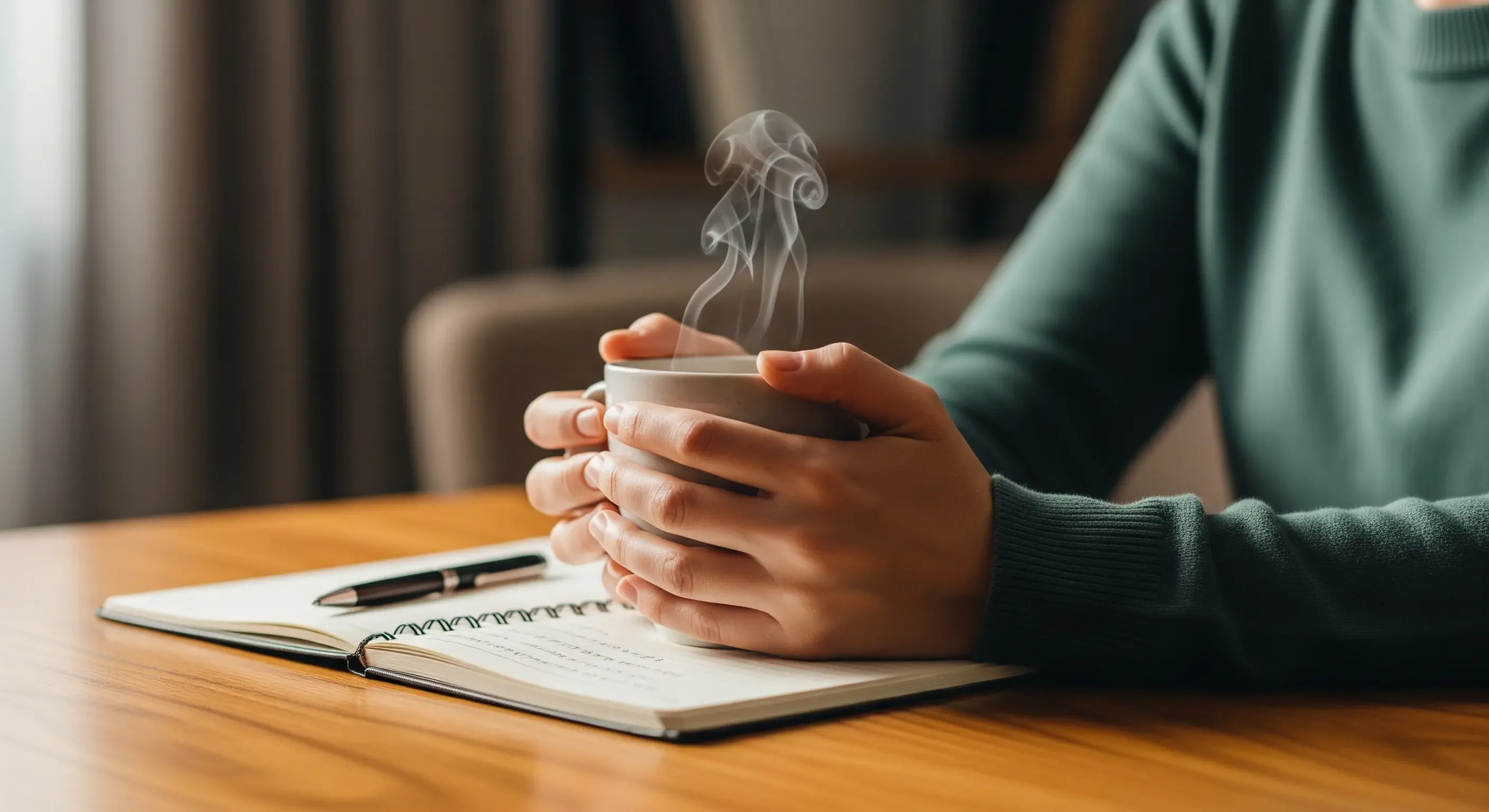 Mani che stringono una tazza calda vicino a un taccuino, a simboleggiare un momento di consulenza personalizzata per il benessere e la gestione dello stress.