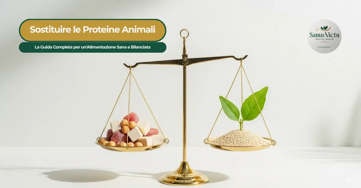 Una bilancia dorata, antica, su uno sfondo chiaro. Sul piatto di sinistra ci sono cubetti di carne o formaggio e ceci. Sul piatto di destra, che è visibilmente più pesante e inclinato verso il basso, c&#039;è un mucchio di quinoa con un germoglio verde ch