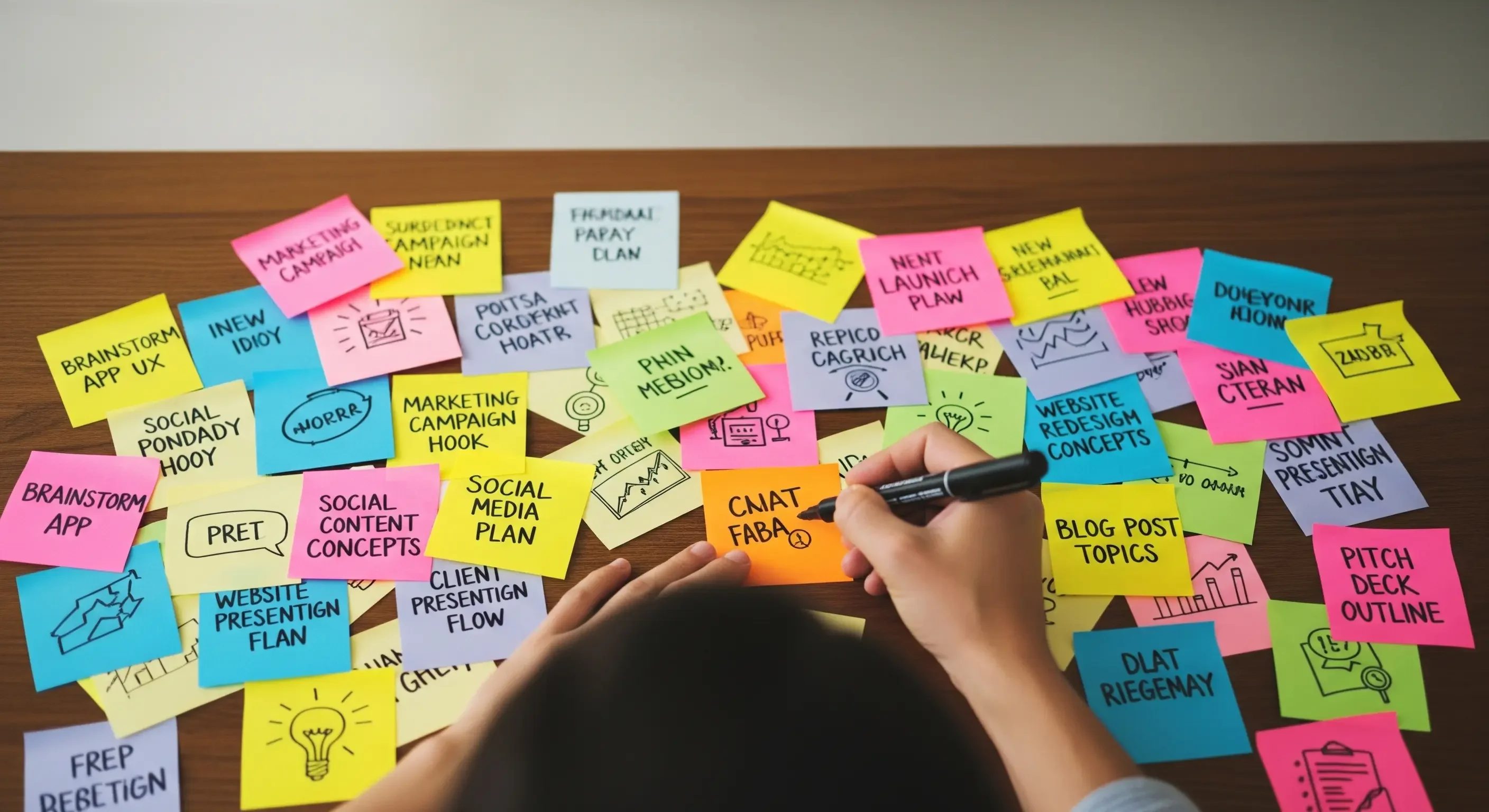 5.-ideas-flowing-on-desk-©2025-sanusvictu.webp Sessione di brainstorming individuale per la creatività, con una persona che scrive idee su post-it colorati.