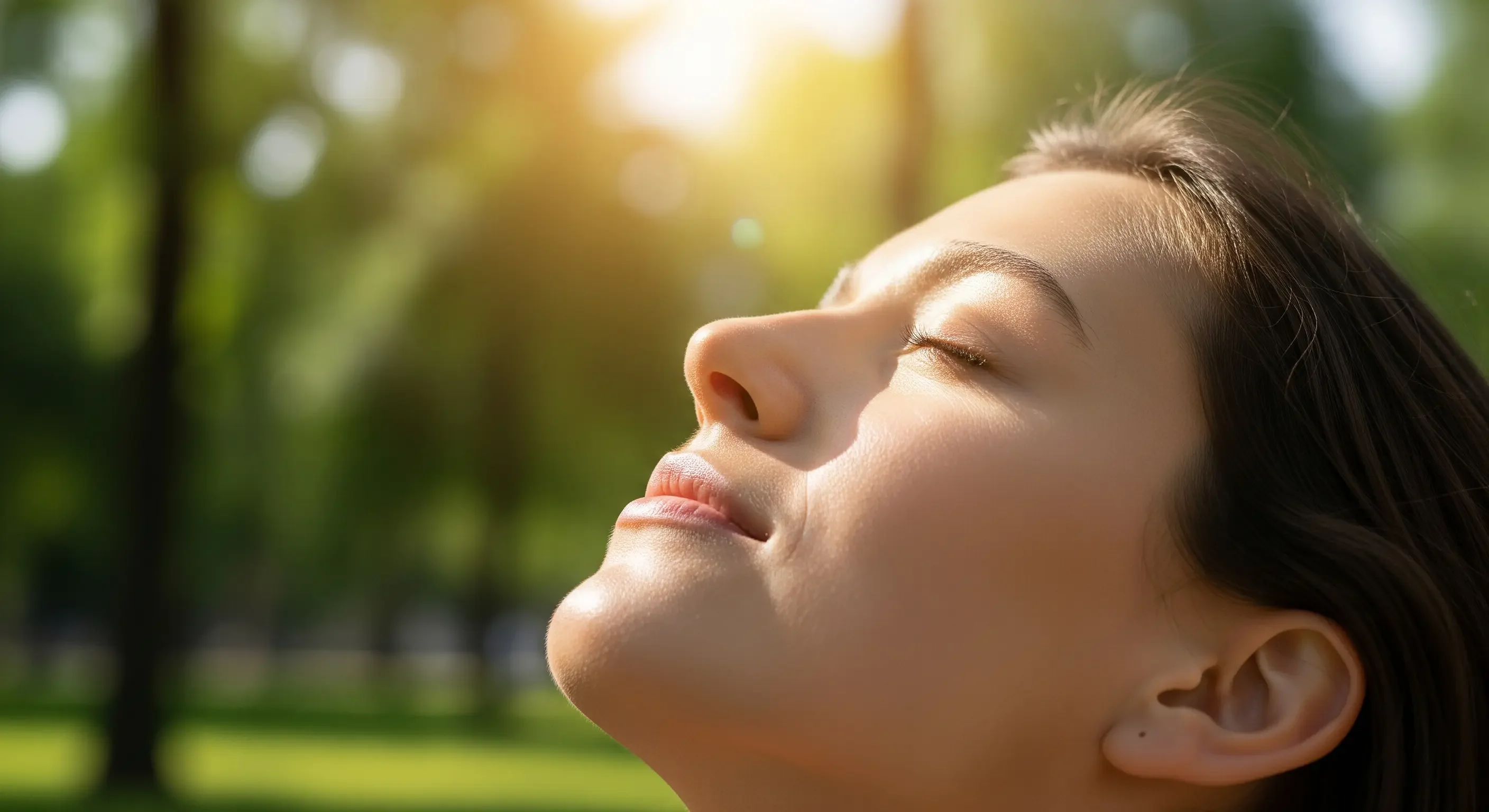 blissful-moment-in-a-city-park-©2025-sanusvictu.webp Donna che si ricarica con la luce del sole in un parco, rimedio naturale contro il calo di energie pomeridiano.
