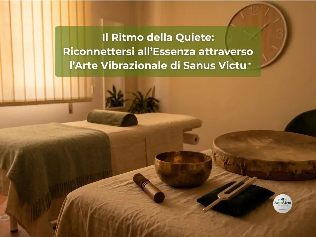 Il Ritmo della Quiete: Riconnettersi all’Essenza attraverso l’Arte Vibrazionale di Sanus Victu Studio di suonoterapia Sanus Victu con lettino da massaggio, campana tibetana, tamburo sciamanico e diapason per trattamenti di arte vibrazionale.
