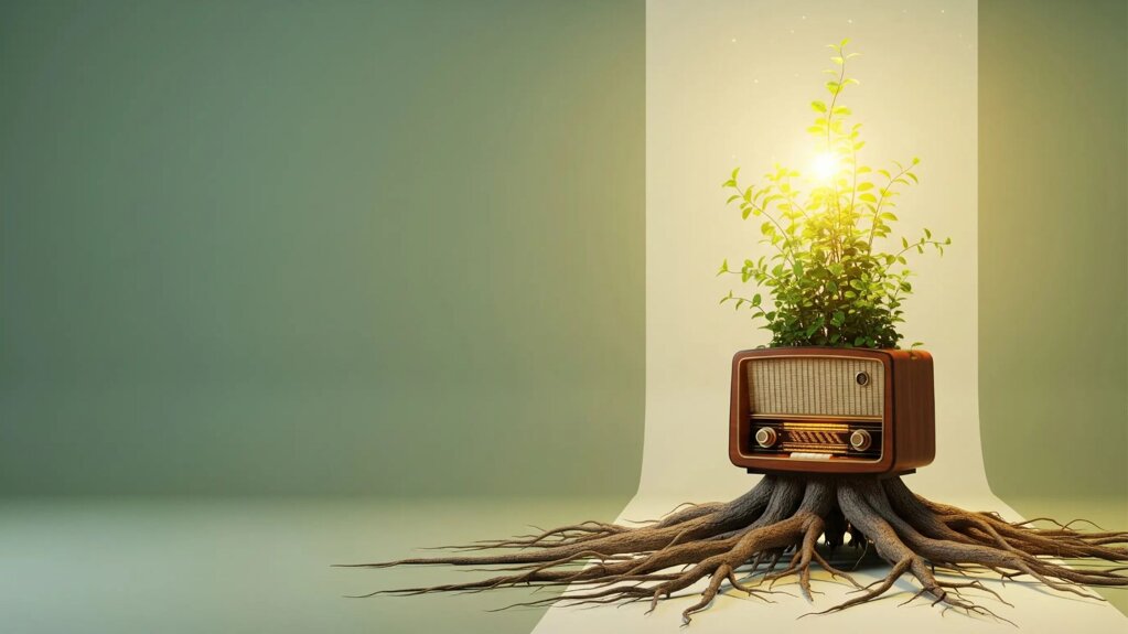 Sanus Victu Radio: radio vintage con radici e pianta, simbolo di benessere naturale e musica olistica. Sanus Victu Radio: radio vintage con radici e pianta, simbolo di benessere naturale e musica olistica.