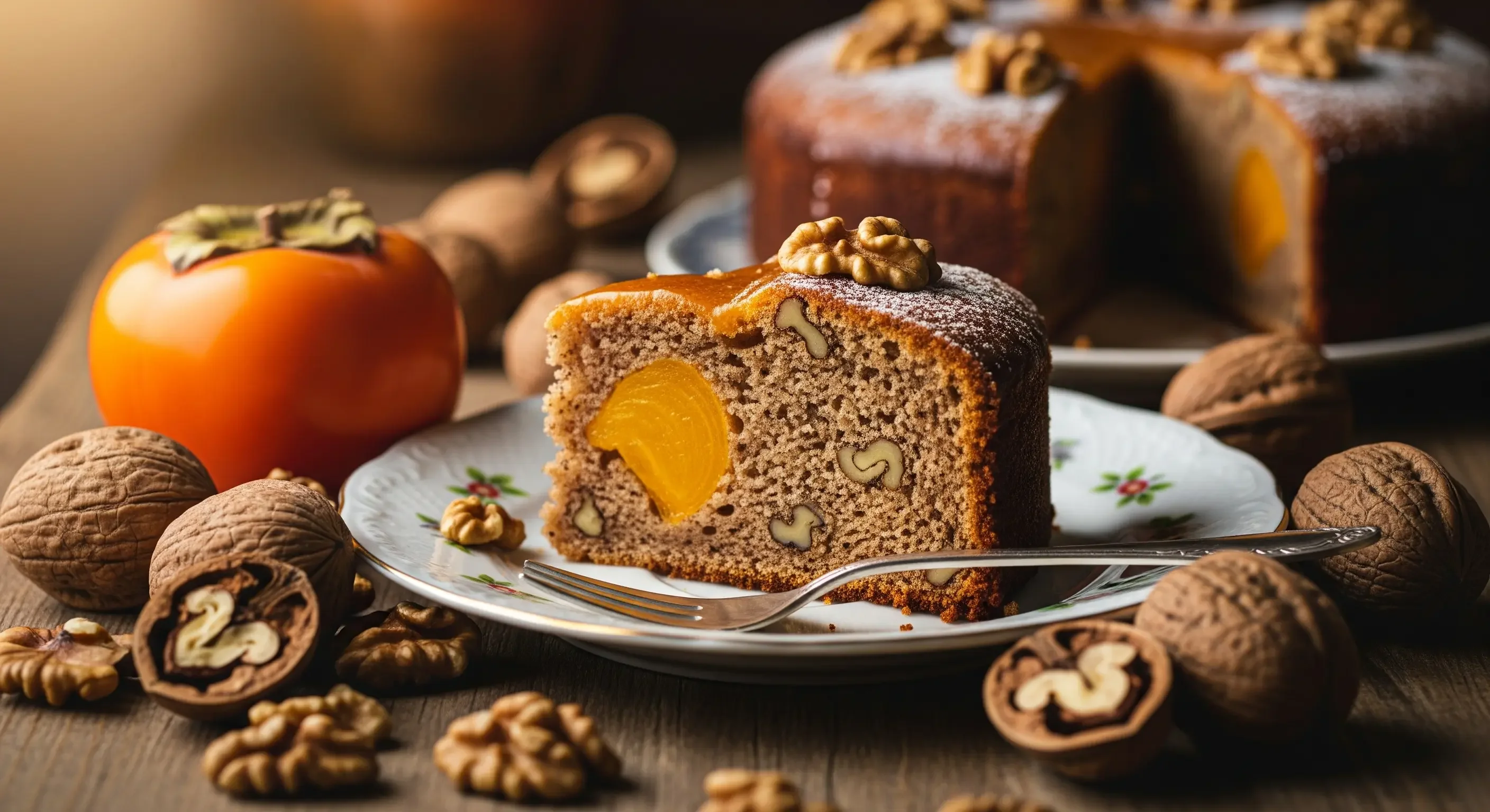 Fetta di torta soffice ai cachi e noci servita su un piatto, con cachi freschi e noci sullo sfondo. Ricetta dolce per l'autunno.