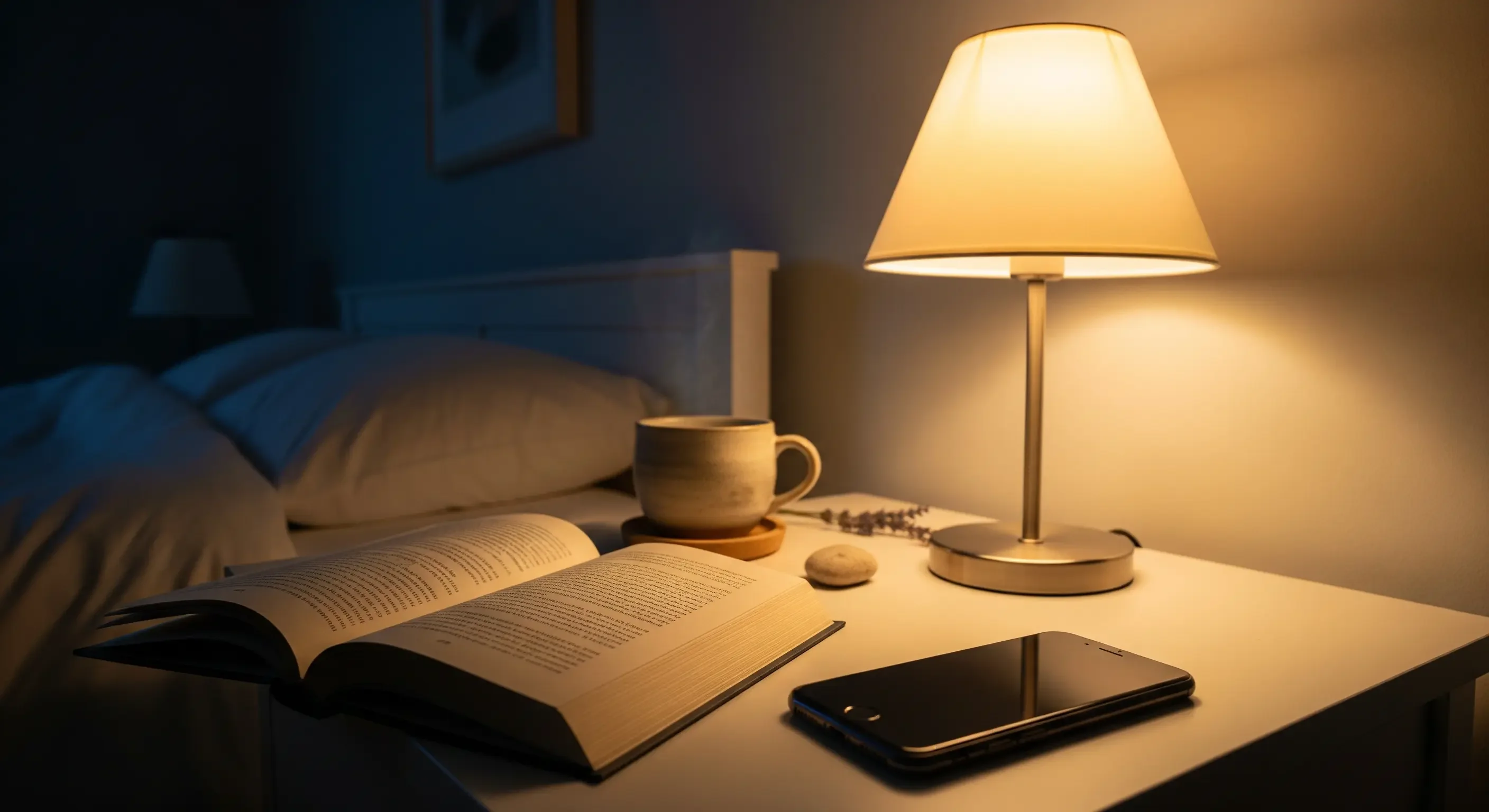 Comodino con libro aperto e smartphone capovolto per rappresentare una sana routine serale senza schermi.