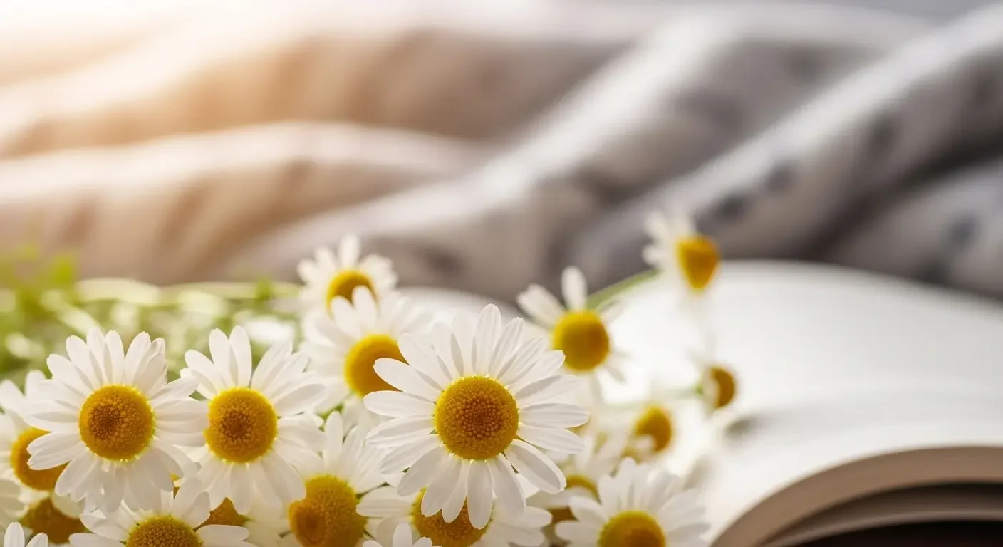 Fiori di camomilla freschi accanto a un libro e coperta, che suggeriscono riposo, sonno sereno e un momento di dolcezza e relax.