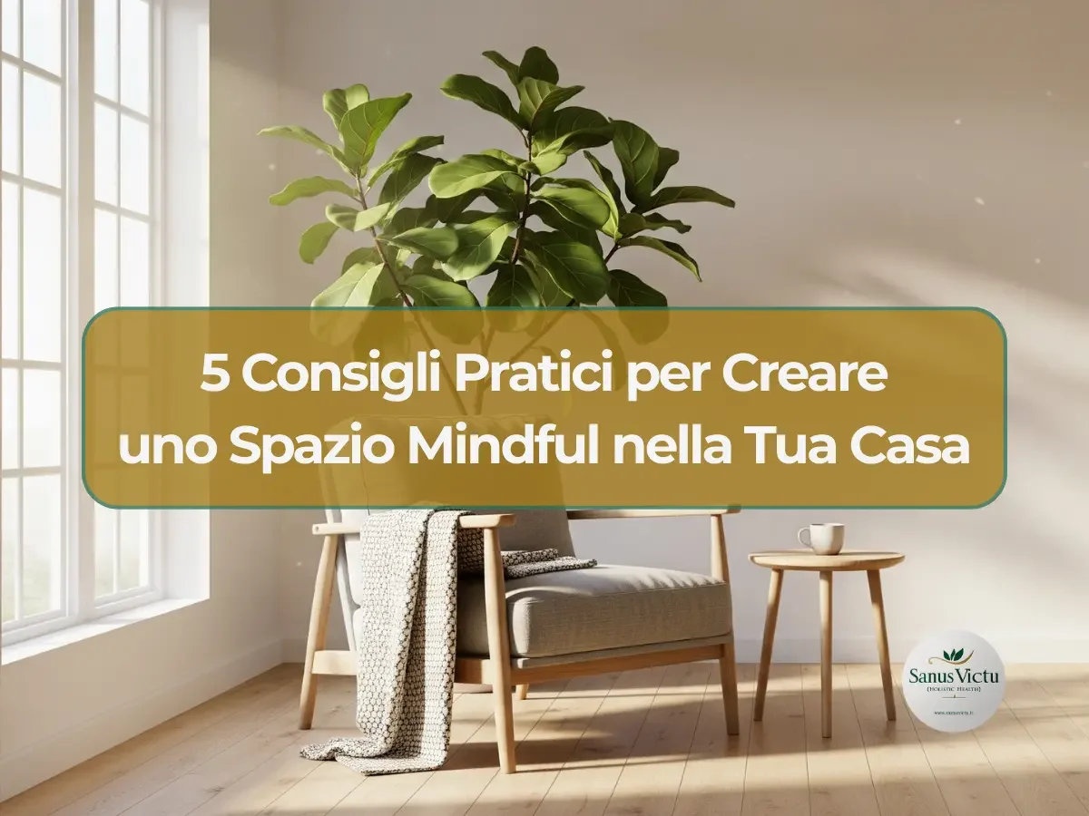 Angolo di un salotto sereno e minimalista, usato come banner per l&#039;articolo del blog di Sanus Victu &quot;5 Consigli Pratici per Creare uno Spazio Mindful nella Tua Casa&quot;.