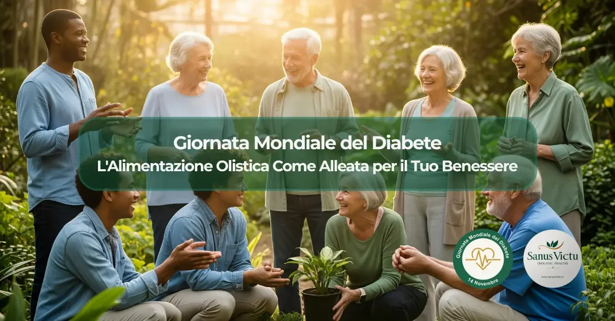 Gruppo di persone di età diverse in un giardino celebrano la Giornata Mondiale del Diabete. L'immagine rappresenta l'alimentazione olistica come supporto per il benessere.