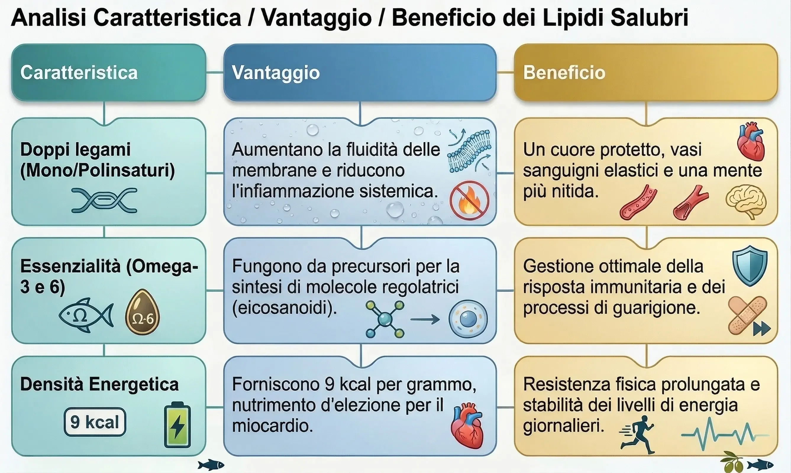 Infografica 'Analisi Caratteristica, Vantaggio e Beneficio' dei lipidi: tabella comparativa su doppi legami, acidi grassi essenziali Omega-3 e 6, e densità energetica per la salute cardiovascolare e cellulare.