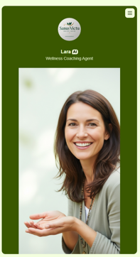 Avatar dell'AI Holistic Coach Lara di Sanus Victu, una donna sorridente e accogliente con le mani aperte, che rappresenta il supporto al benessere olistico.