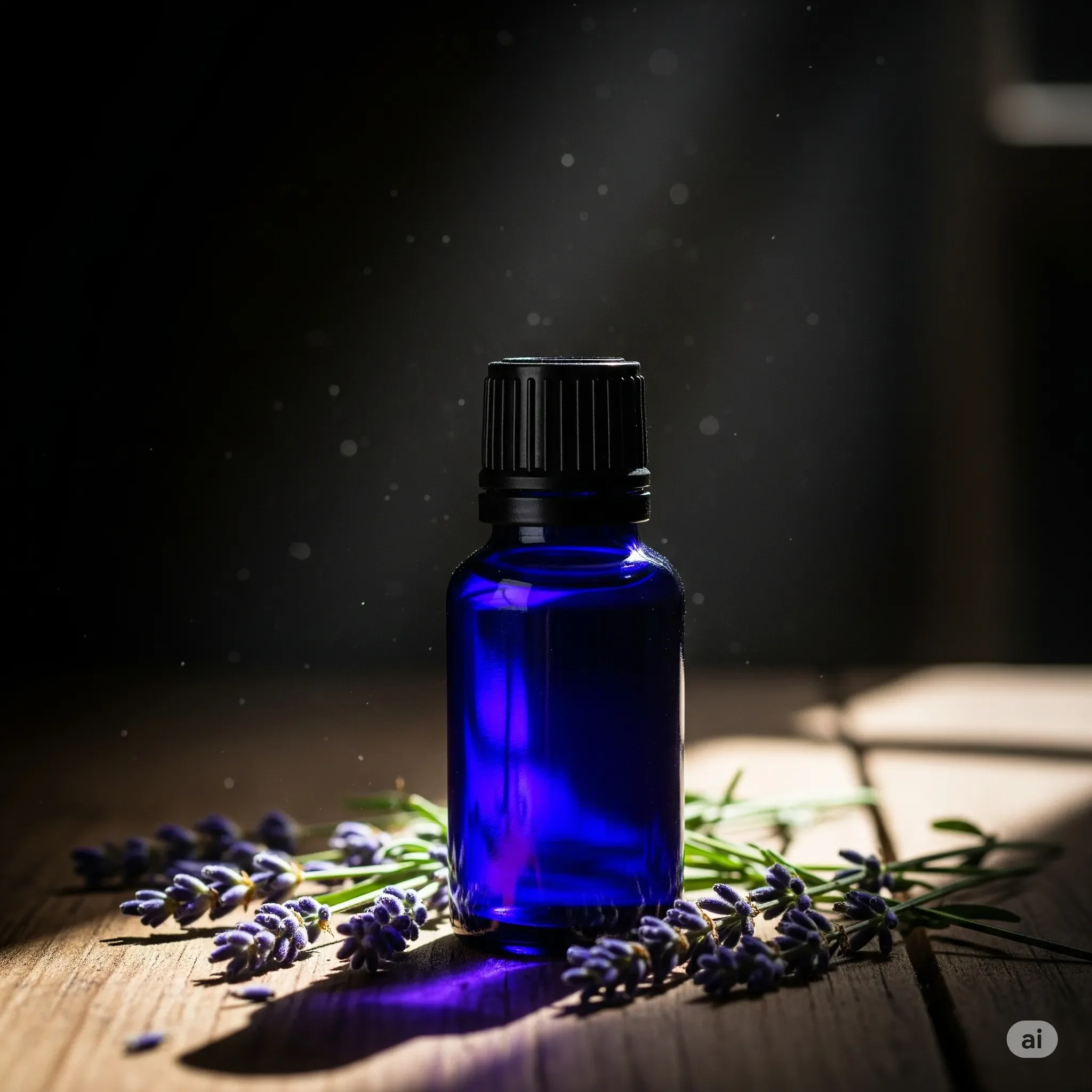 lavanda.webp Flacone di olio essenziale di Lavanda vera e rametti.