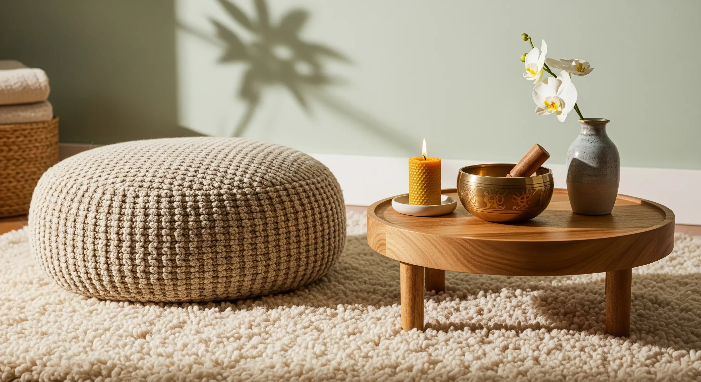 Angolo meditazione mindful e accogliente con cuscino da terra, campana tibetana e candela per creare un'area di comfort personale.