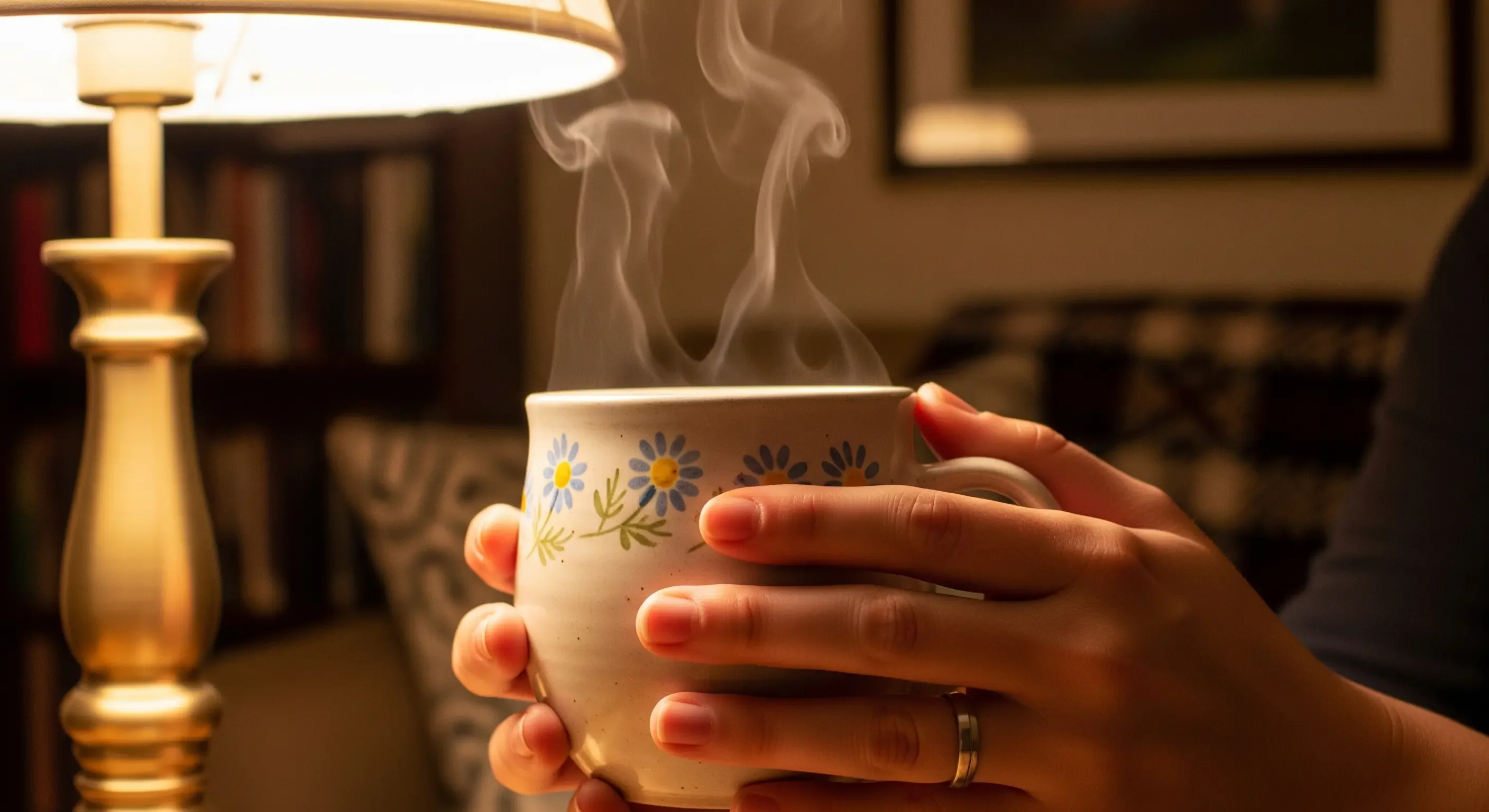 Mani che stringono una tazza di tisana calda alla camomilla, bevanda rilassante per favorire il sonno.