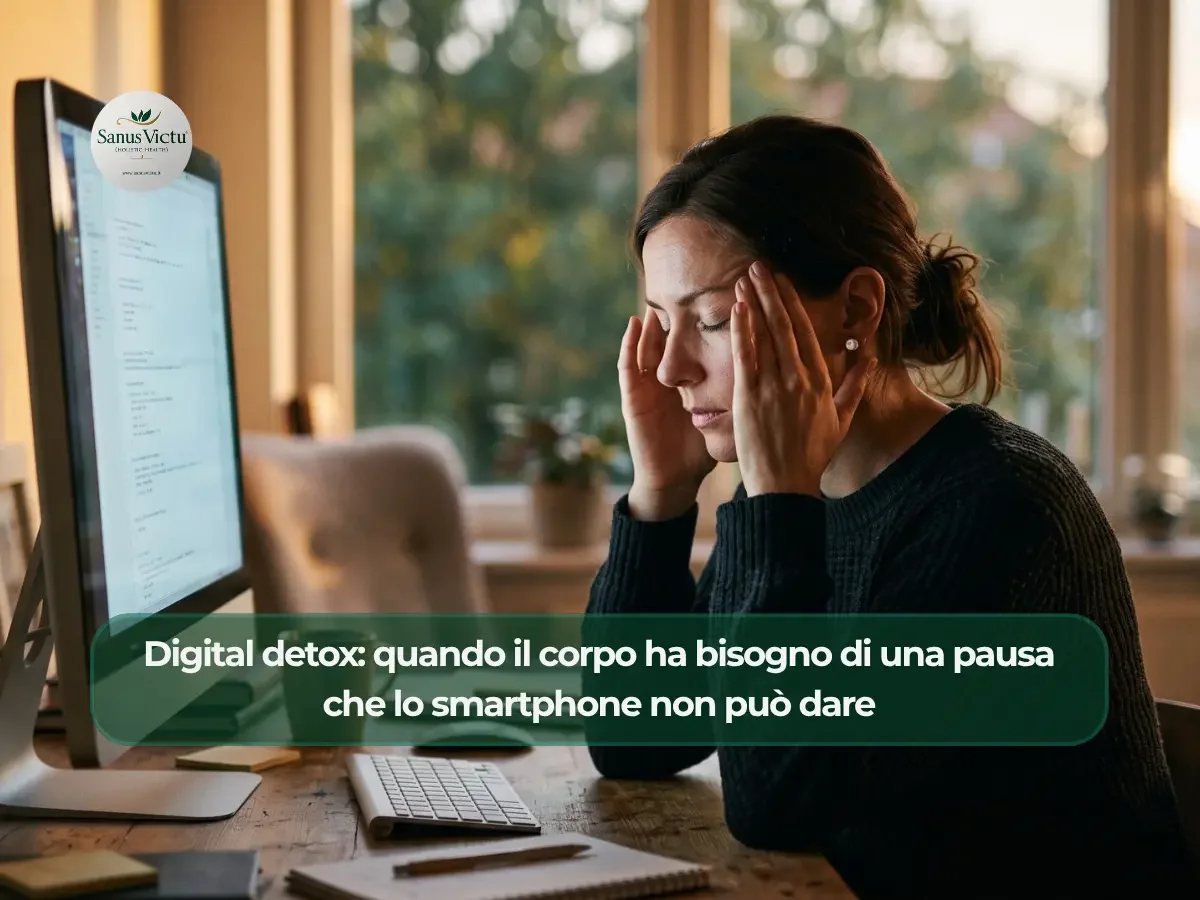 Digital detox: quando il corpo ha bisogno di una pausa che lo smartphone non può dare Donna affaticata al computer, stanchezza da iperconnessione e necessità di digital detox