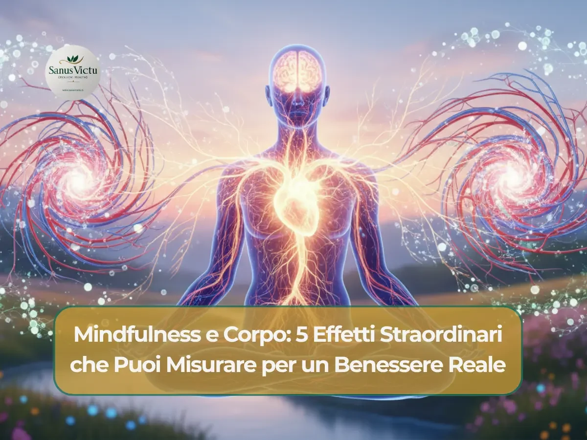Mindfulness e Corpo: 5 Effetti Straordinari che Puoi Misurare per un Benessere Reale Illustrazione eterea di una silhouette umana in meditazione, con il sistema nervoso e il cuore luminosi, a simboleggiare la potente connessione mente-corpo e gli effetti della mindfulness sulla salute fisica. Il titolo "Mindfulness e Corpo: 5 Effetti