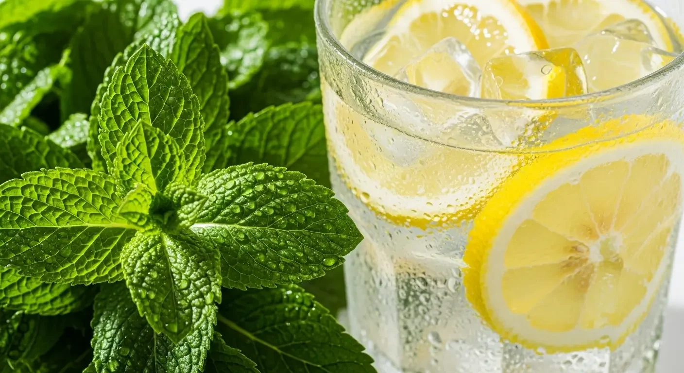 oglie di menta fresca e bicchiere di acqua fredda con limone, che simboleggiano l'idratazione e il potere rinfrescante della menta per il benessere digestivo.