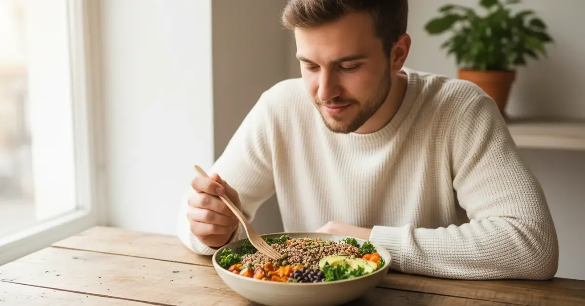 001-281025-©2025-sanusvictu.webp Uomo seduto vicino a una finestra che mangia in modo consapevole una ciotola di cibo sano, a dimostrazione del mindful eating per mantenere un peso sano e un buon rapporto con il cibo.