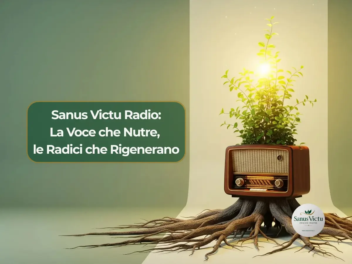 Radio vintage in stile anni '50 con radici che crescono e una pianta rigogliosa che sboccia dall'alto.