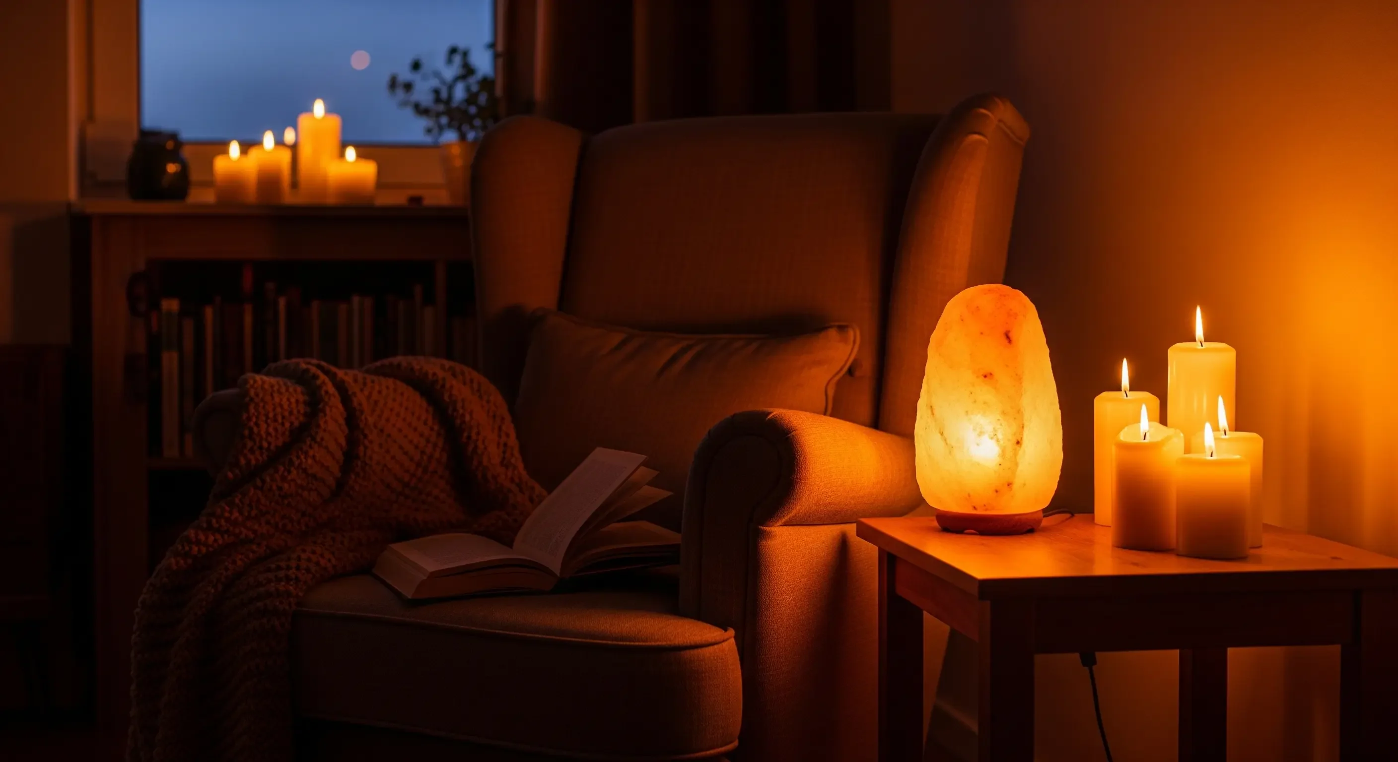 Angolo lettura rilassante con poltrona illuminata dalla luce soffusa di candele e una lampada di sale dell'Himalaya per un'atmosfera mindful.