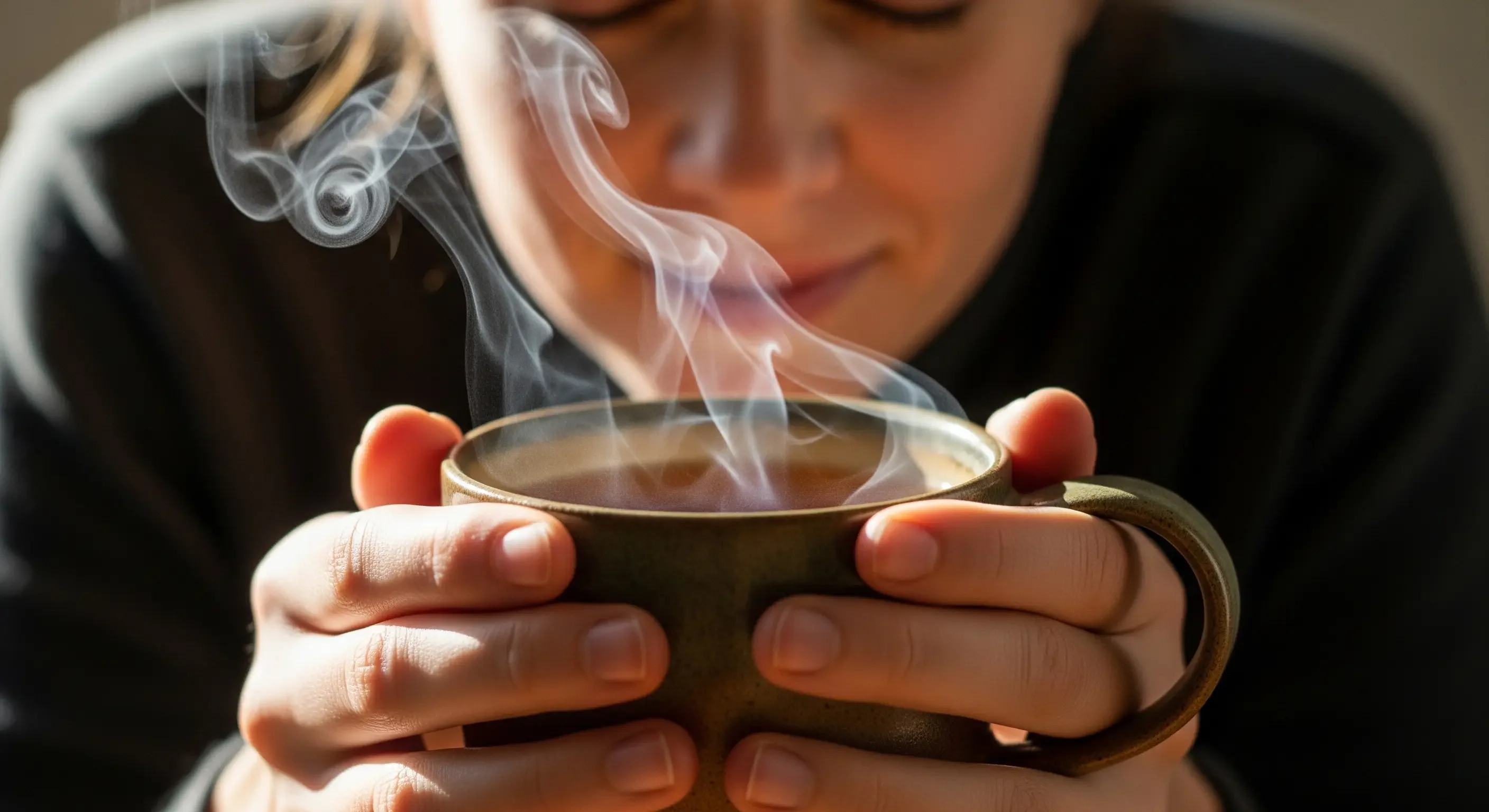 3.-mindful-tea-moment-©2025-sanusvictu.webp Donna che pratica la mindfulness sensoriale tenendo tra le mani una tazza calda fumante, coinvolgendo tatto e olfatto.