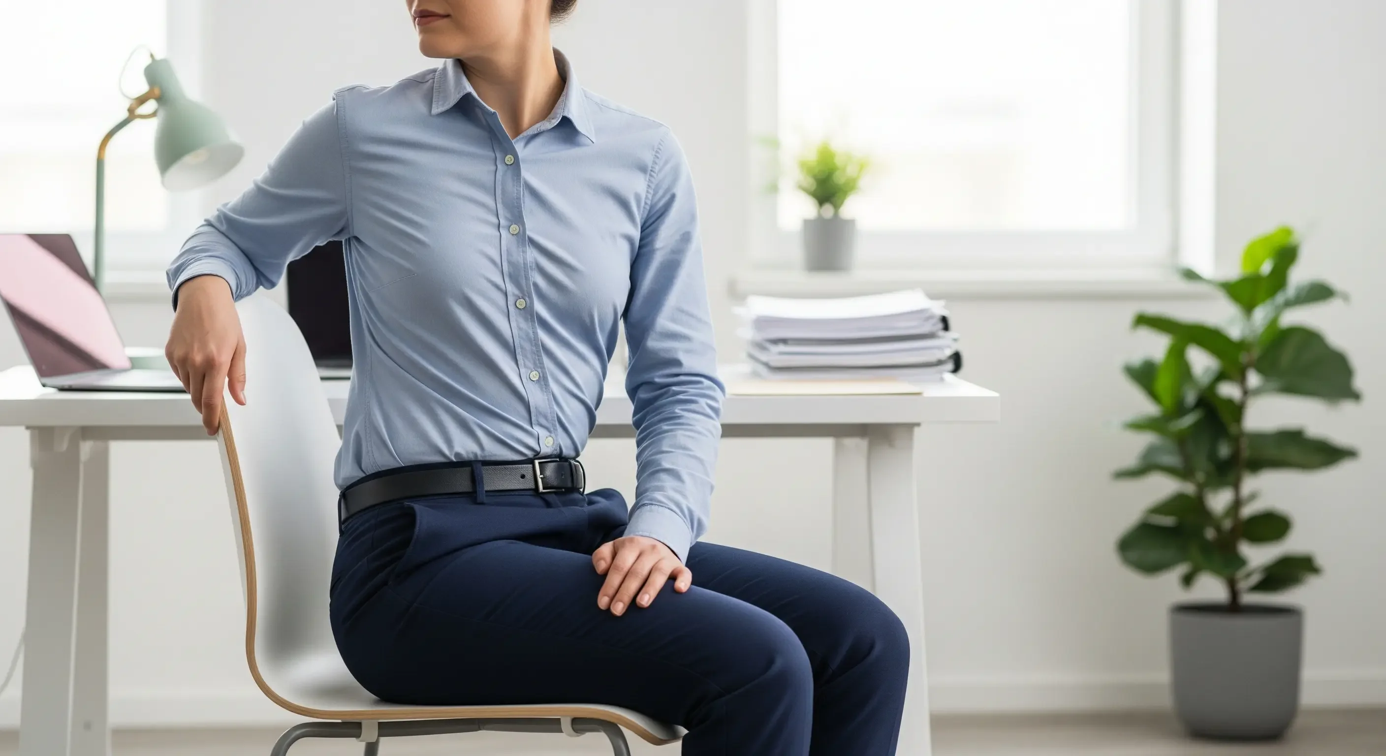 office-yoga-simple-stretches-for-all-©2025-sanusvictu.webp Professionista che esegue uno stretching da scrivania per alleviare la tensione e recuperare energie in ufficio.