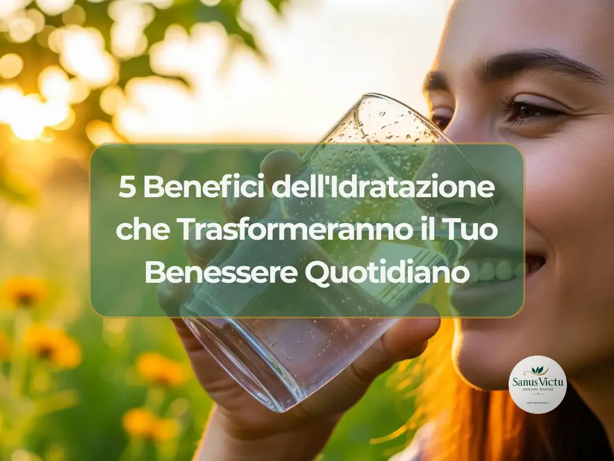 Donna sorridente beve un bicchiere d&#039;acqua in un campo al tramonto - Banner articolo sui benefici dell&#039;idratazione Sanus Victu.