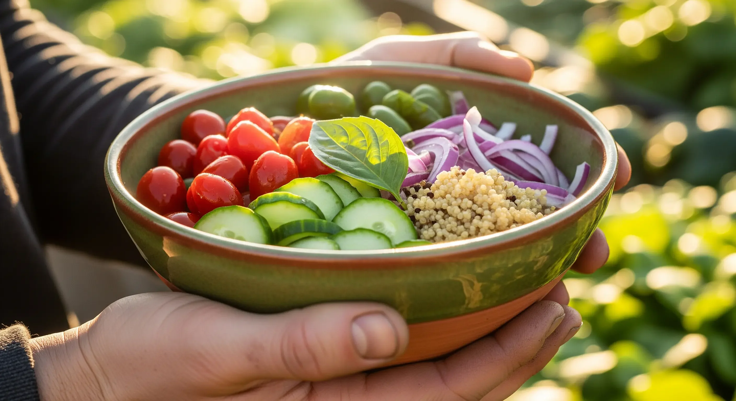 Mani che tengono una ciotola di cibo fresco, un gesto di gratitudine che rappresenta l'apprezzare la provenienza del proprio pasto.