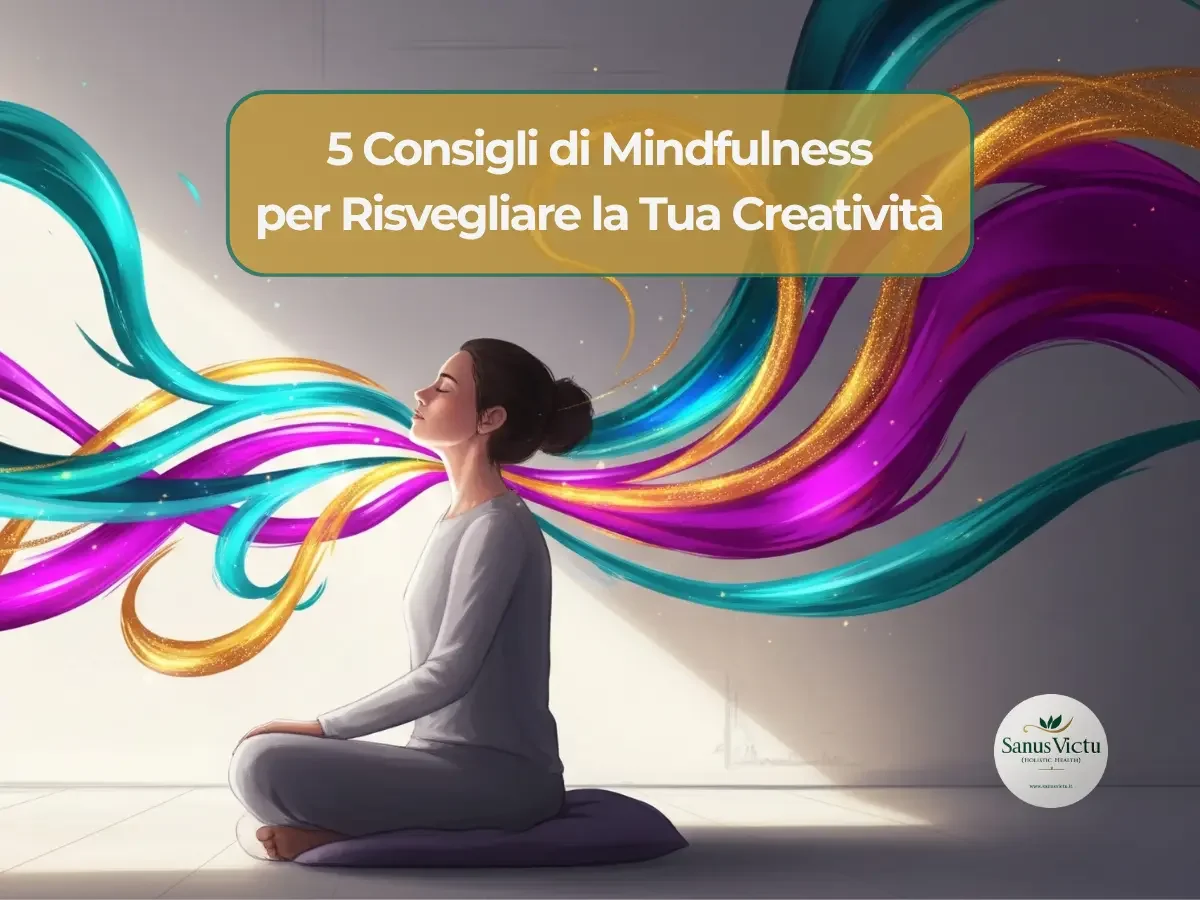 5 Consigli di Mindfulness per Risvegliare la Tua Creatività Donna in meditazione mindfulness per risvegliare la creatività, circondata da flussi di energia colorata che simboleggiano le idee.