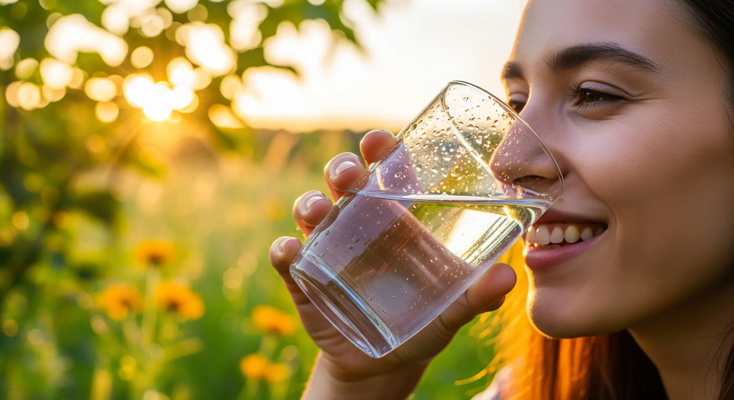 Primo piano di una giovane donna sorridente con la pelle sana che beve un bicchiere di acqua fresca all'aperto.