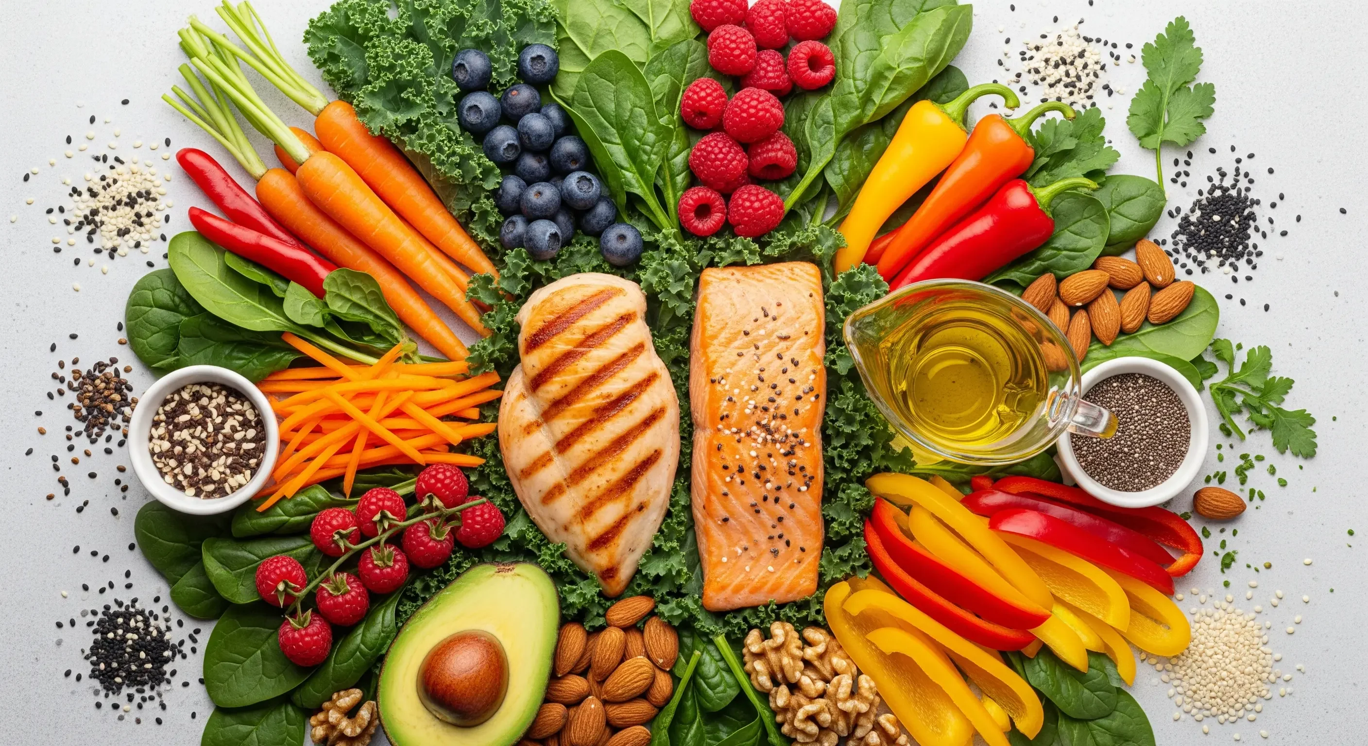 Composizione di alimenti sani per un'alimentazione olistica a basso indice glicemico: salmone, verdure a foglia verde, avocado, frutta secca e semi.