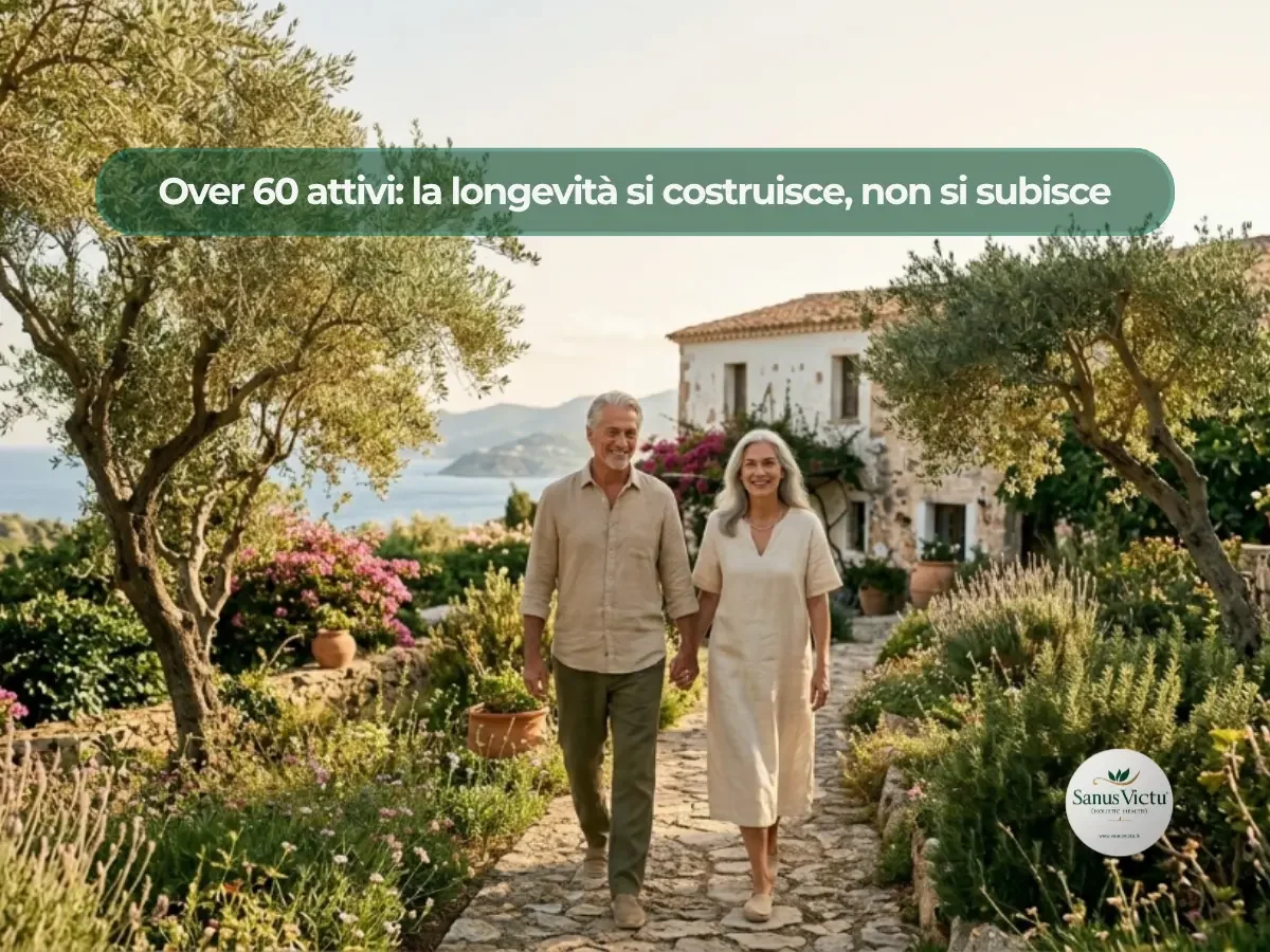 Over 60 attivi: la longevità si costruisce, non si subisce Coppia over 60 che passeggia in un giardino siciliano, invecchiamento attivo