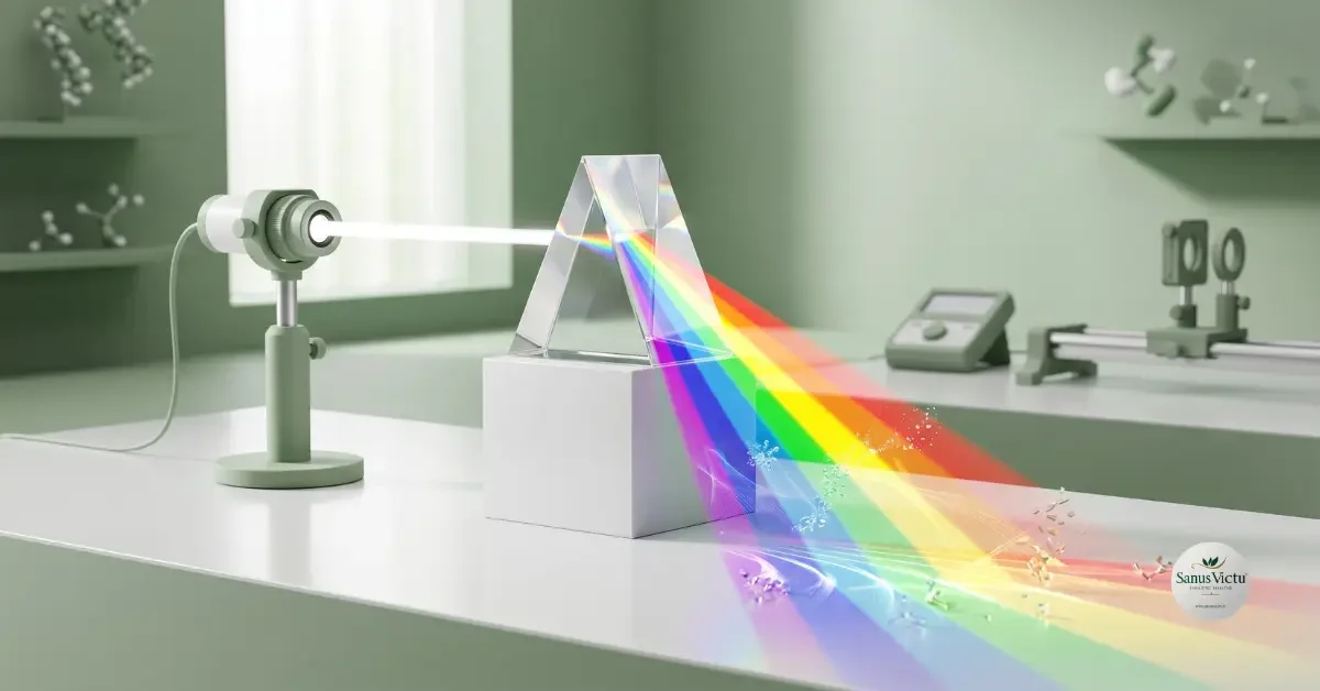 Rappresentazione concettuale della trasformazione biochimica: prisma di vetro che scompone la luce simboleggiando la catalisi e la scomposizione degli elementi in energia.