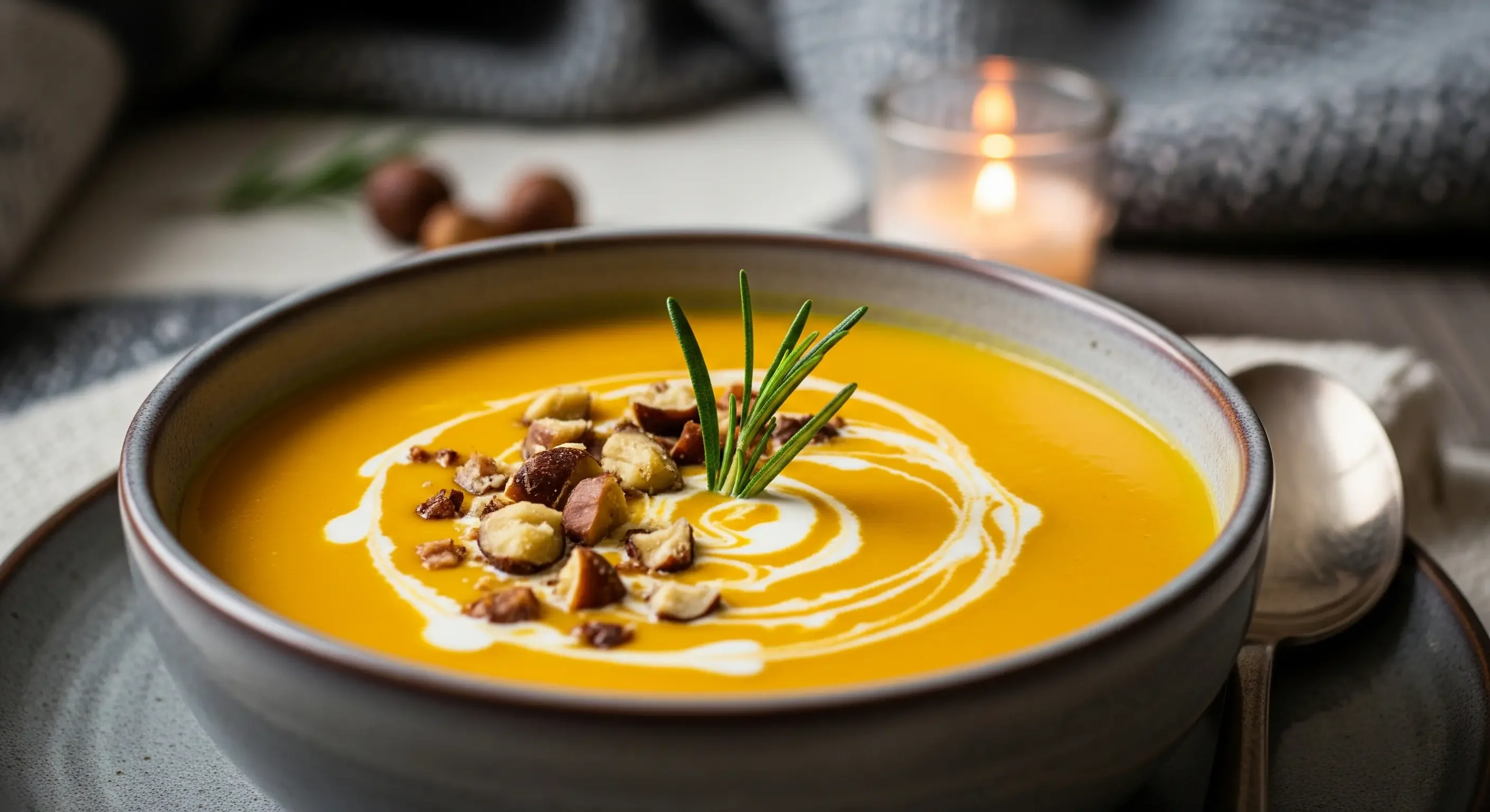 Ciotola di vellutata di zucca e castagne cremosa, guarnita con rosmarino e granella di nocciole, una salutare ricetta autunnale.