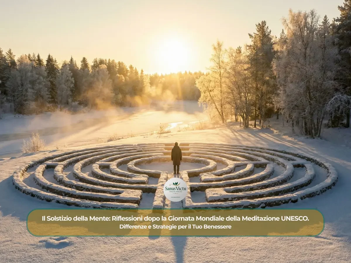 Persona al centro di un labirinto tracciato nella neve in un bosco durante il solstizio di inverno, simbolo di ricerca interiore e meditazione.
