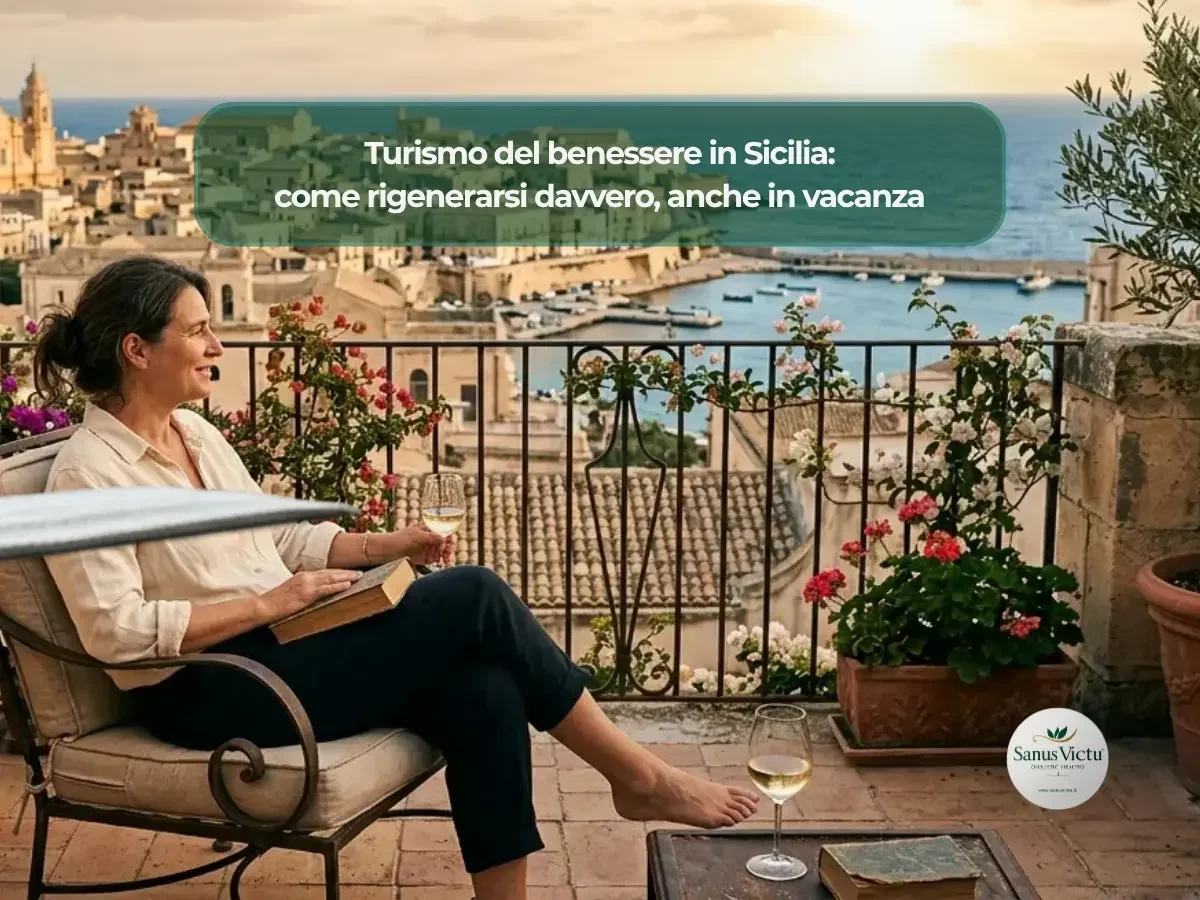 Turismo del benessere in Sicilia: come rigenerarsi davvero, anche in vacanza Donna rilassata in terrazza con vista sul mare in Sicilia, turismo del benessere