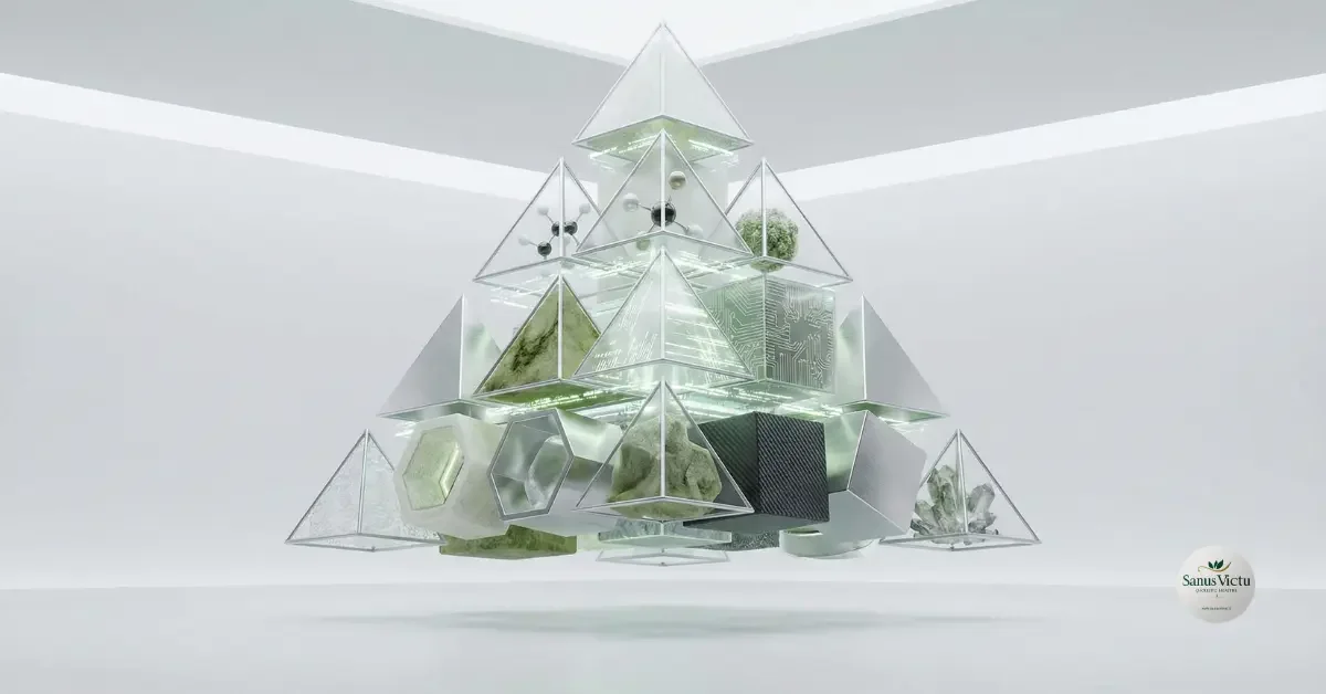 Rappresentazione concettuale high-tech della Nuova Piramide Alimentare con forme geometriche e texture scientifiche, focalizzata sull'ottimizzazione della dieta olistica e sulla densità nutritiva.