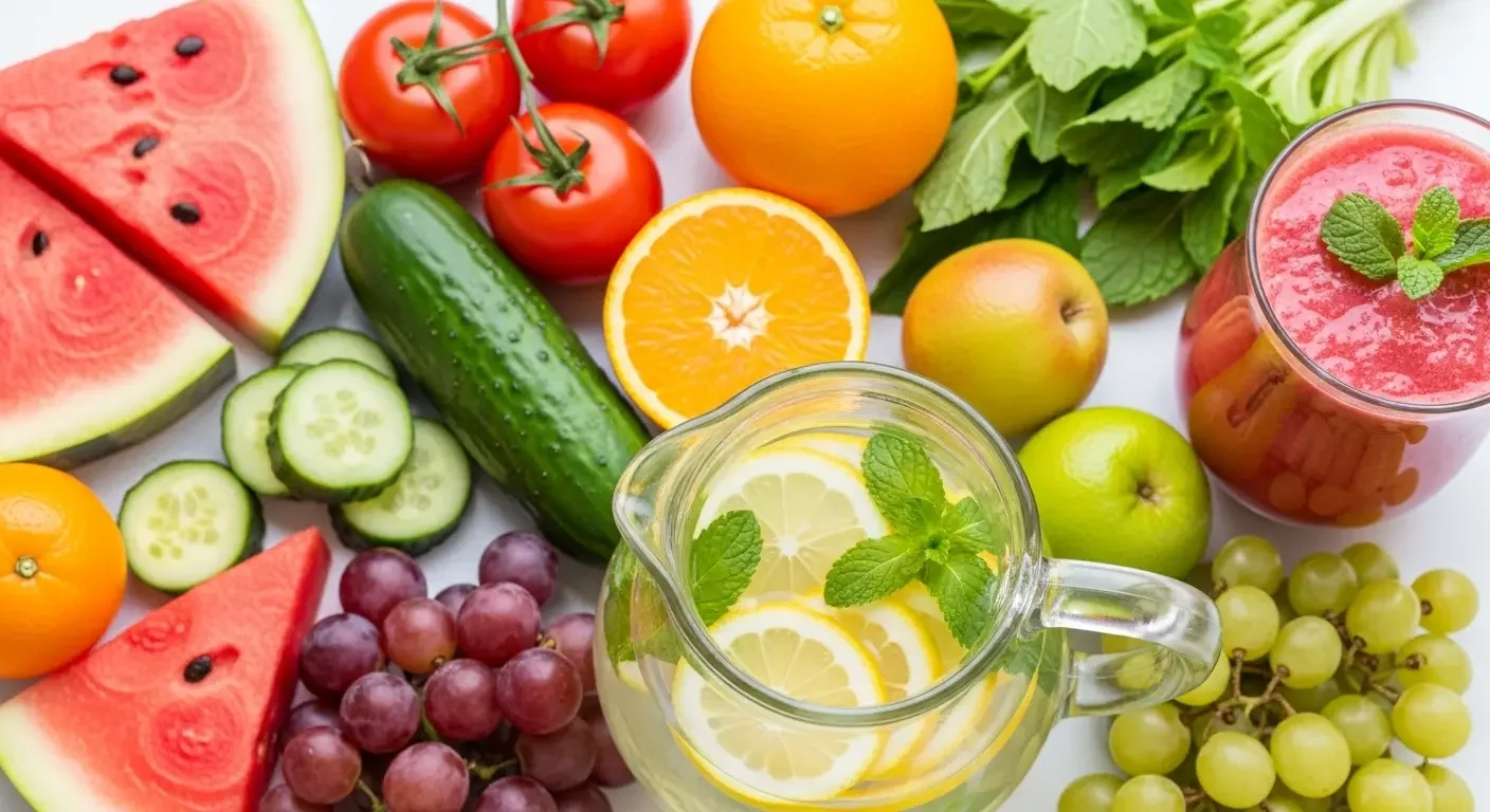 Frutta fresca e verdura idratante con acqua al limone e menta, essenziali per la nutrizione estiva e l'equilibrio del corpo.