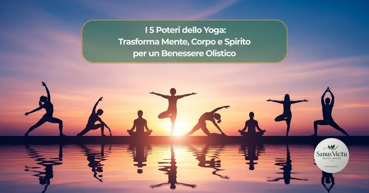 Illustrazione vibrante e serena di un gruppo di persone in diverse posizioni yoga (guerriero, albero, cane a testa in giù) in silhouette contro un tramonto colorato su uno specchio d&#039;acqua calmo, che evoca armonia e benessere. Il titolo &quot;I 5 Pot