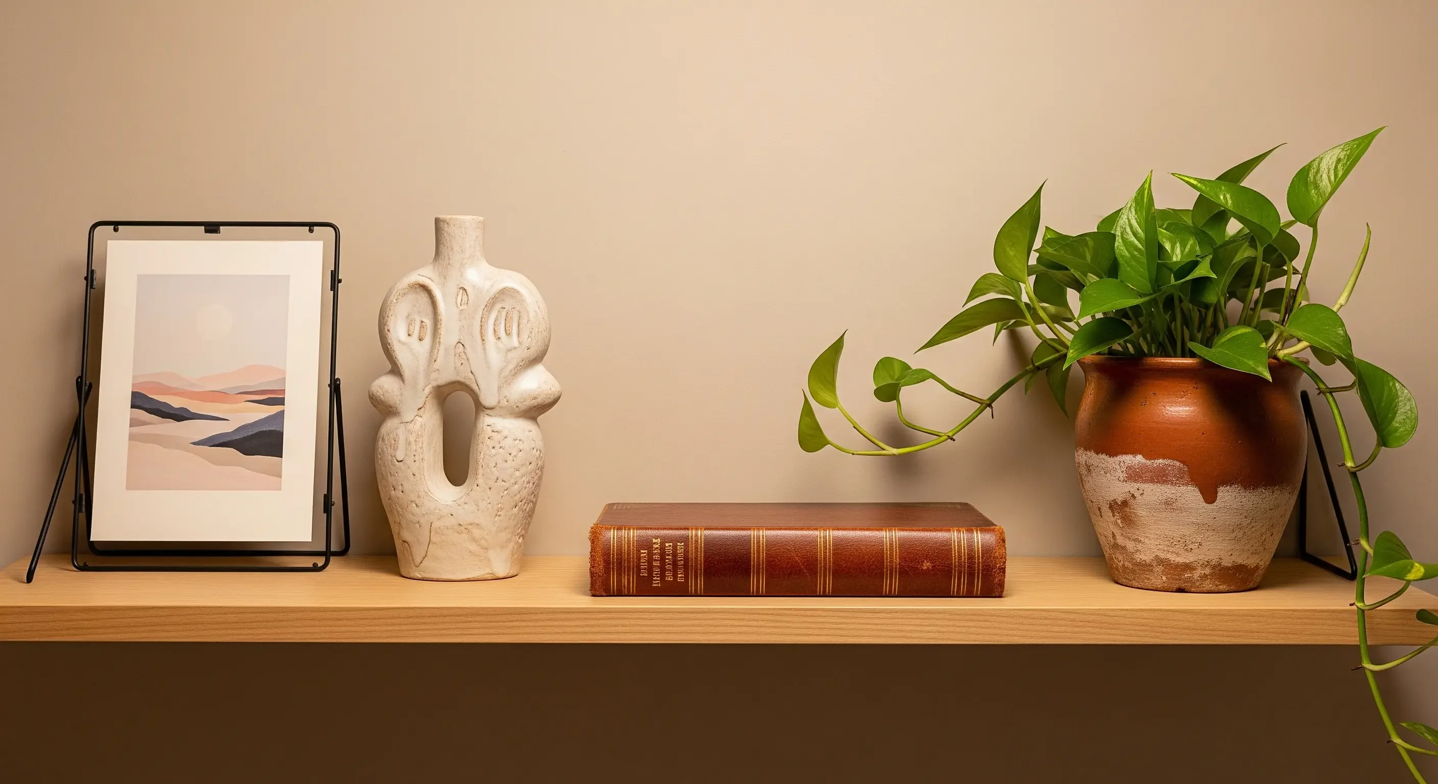 Mensola in legno per uno spazio mindful con oggetti personali che portano gioia: una stampa d'arte, un libro antico, una scultura e una pianta.