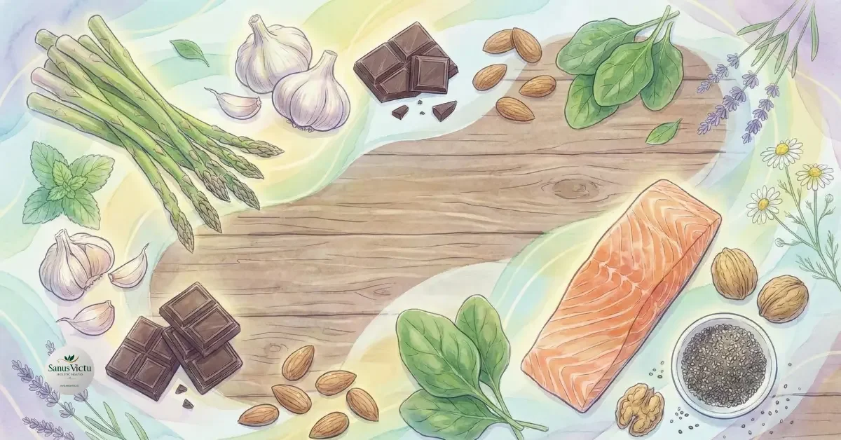 Alimenti per il sistema nervoso su un tavolo di legno: salmone, spinaci, mandorle, cioccolato fondente, aglio e semi di chia.