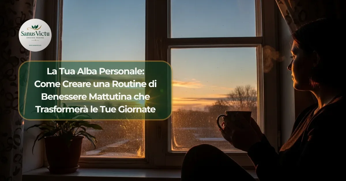 Donna che guarda l&#039;alba dalla finestra con una tazza in mano, simbolo di una routine di benessere mattutina per trasformare la giornata.
