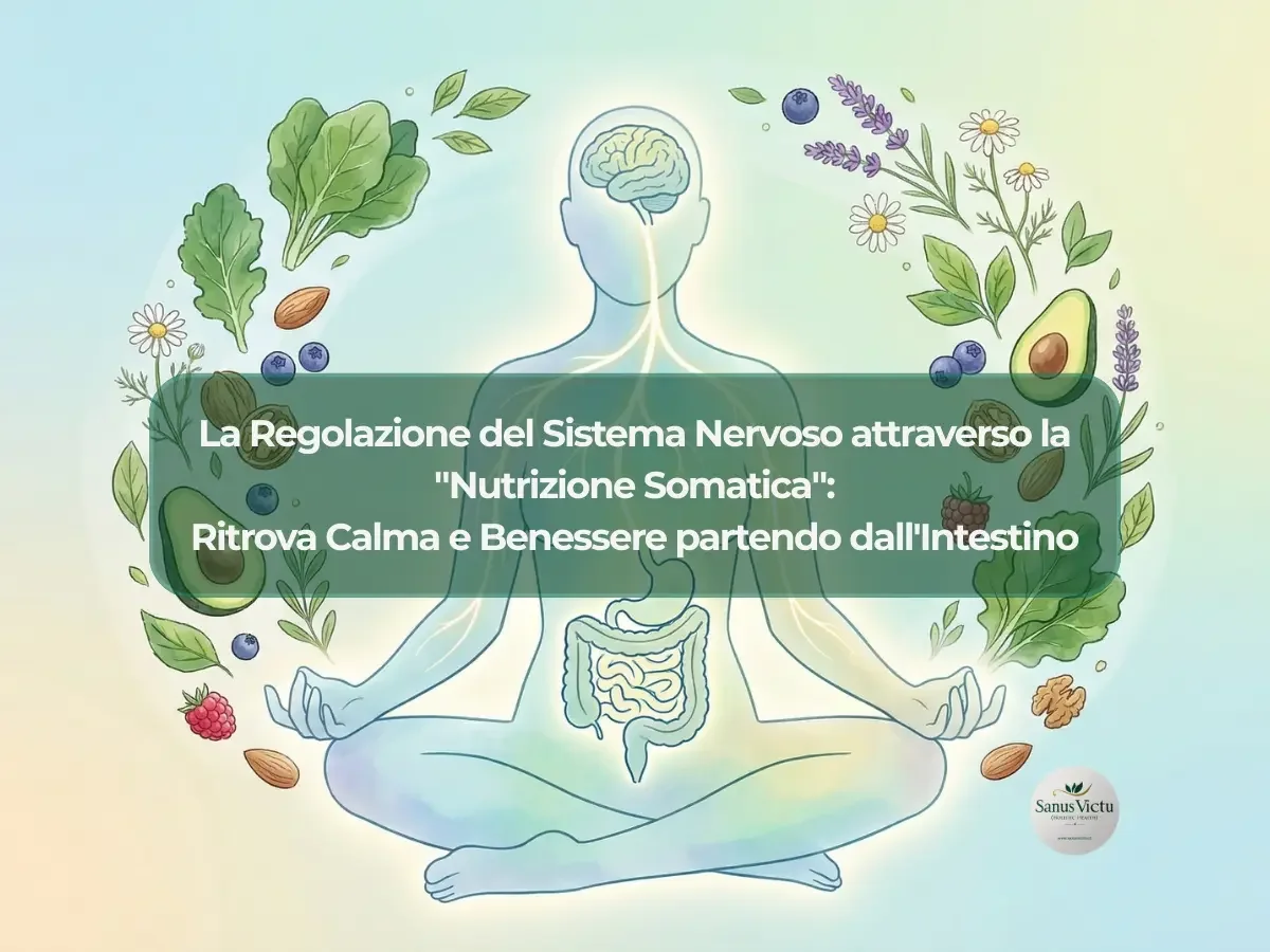 Persona in posa meditativa con connessione illustrata tra cervello e intestino, simbolo della nutrizione somatica per la regolazione del sistema nervoso.