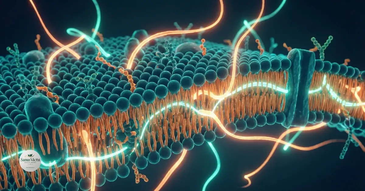 Rappresentazione artistica 3D della membrana cellulare con doppio strato lipidico, sfere turchesi e catene arancioni luminose che simboleggiano l'energia e l'architettura invisibile dei lipidi.